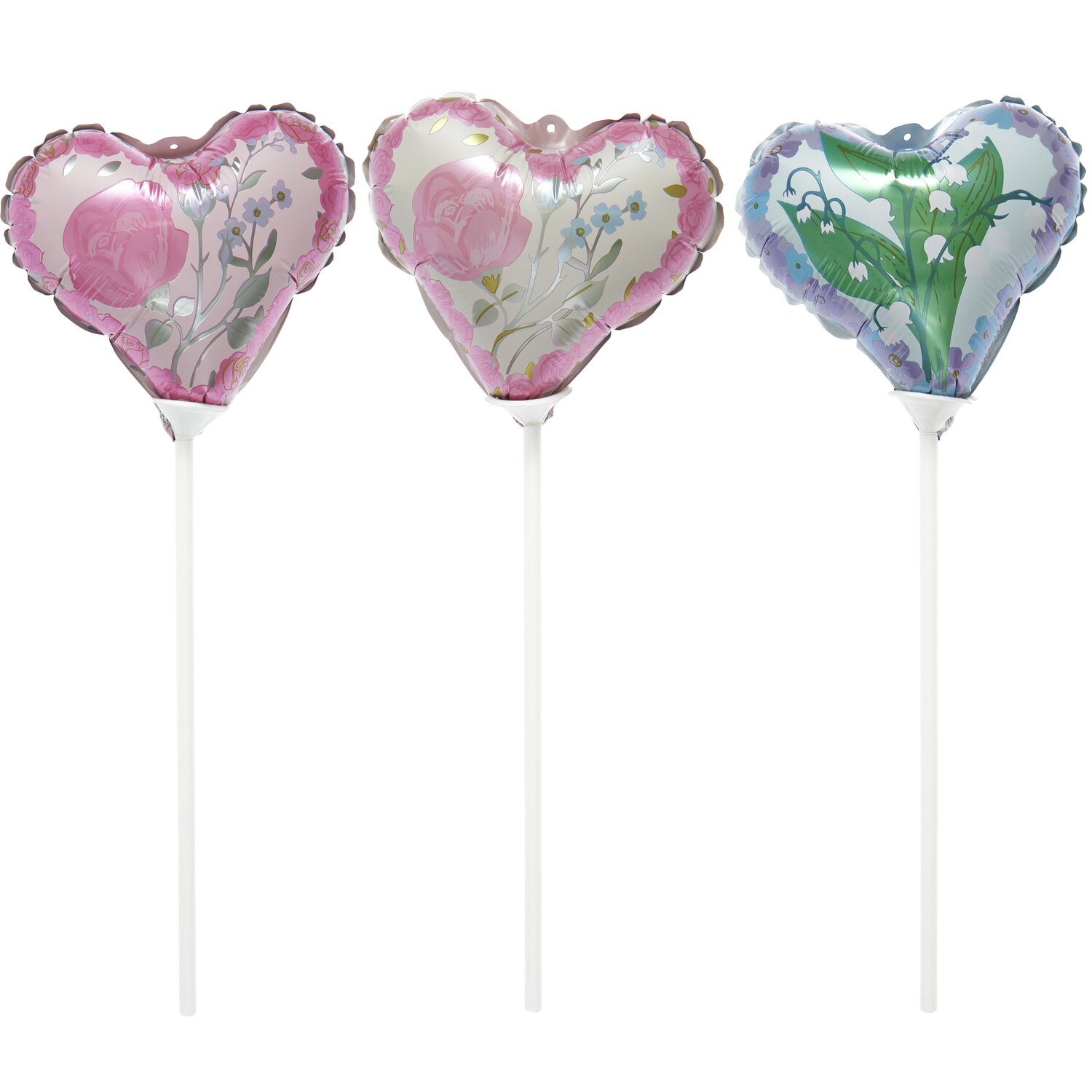 Mini-Folienballon Set Herzen mit Blumen, 3 Stück, 17x15cm. Herzballons mit floralen Mustern in Rosa und Blau, ideal für Dekorationen.