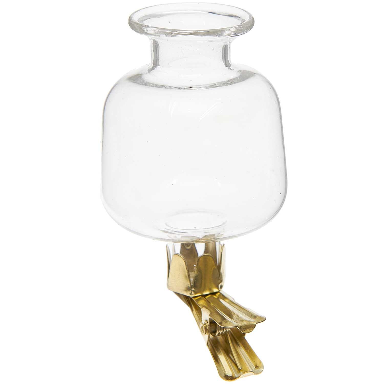 Mini Clip-Vase mit abgerundeten Kanten, transparentes Glas, goldener Clip, von Rico Design. Ideal für stilvolle Dekorationen.