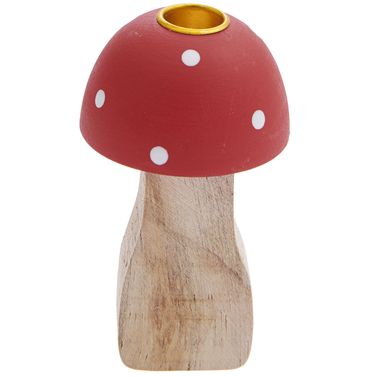 Kerzenständer Pilz rot 9x5cm: Ein dekorativer Kerzenhalter in Pilzform mit rotem Hut und weißen Punkten von Rico Design.