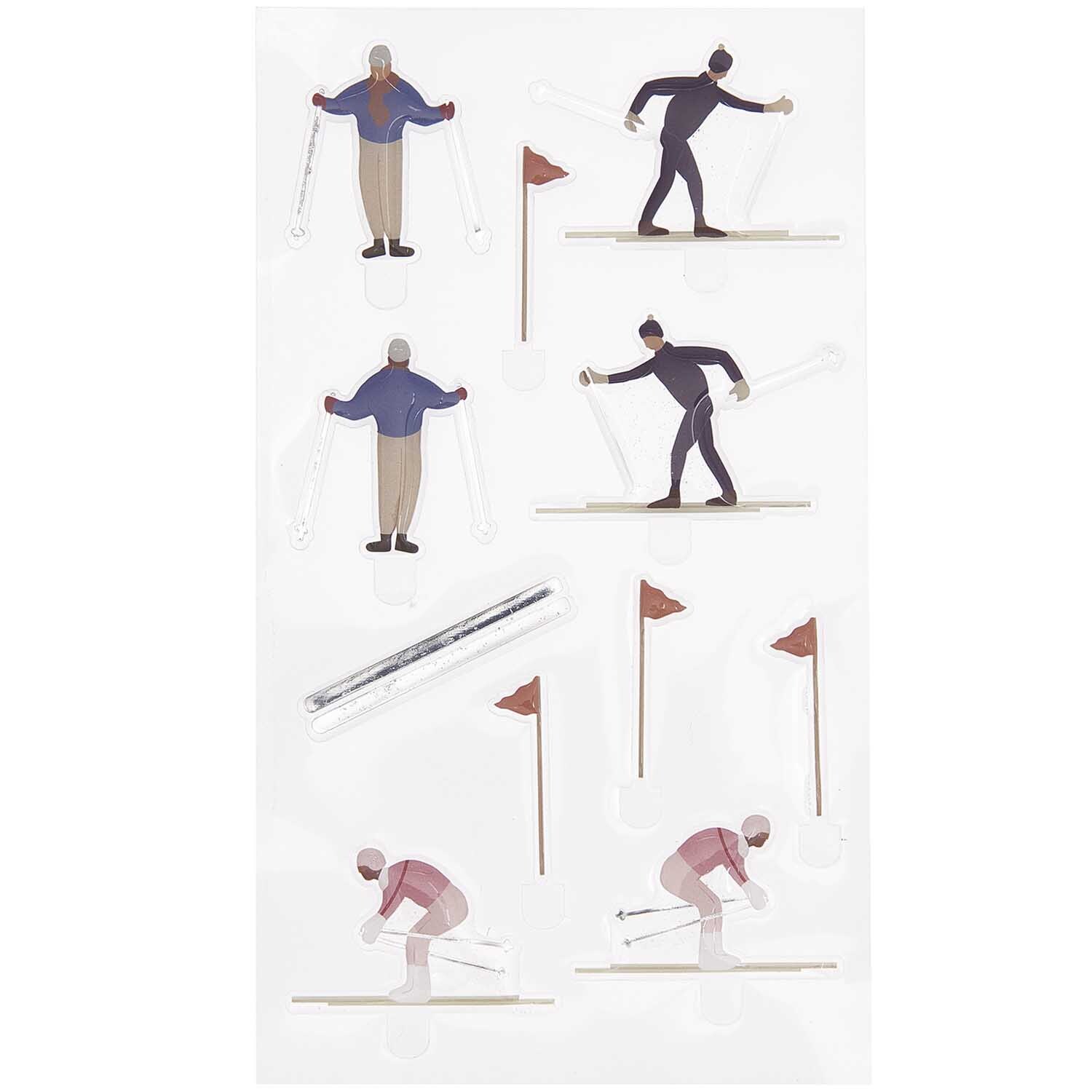 Figurico Gelsticker Skifahrer: Bunte Skifahrer-Sticker auf transparentem Hintergrund, ideal für kreative Projekte.
