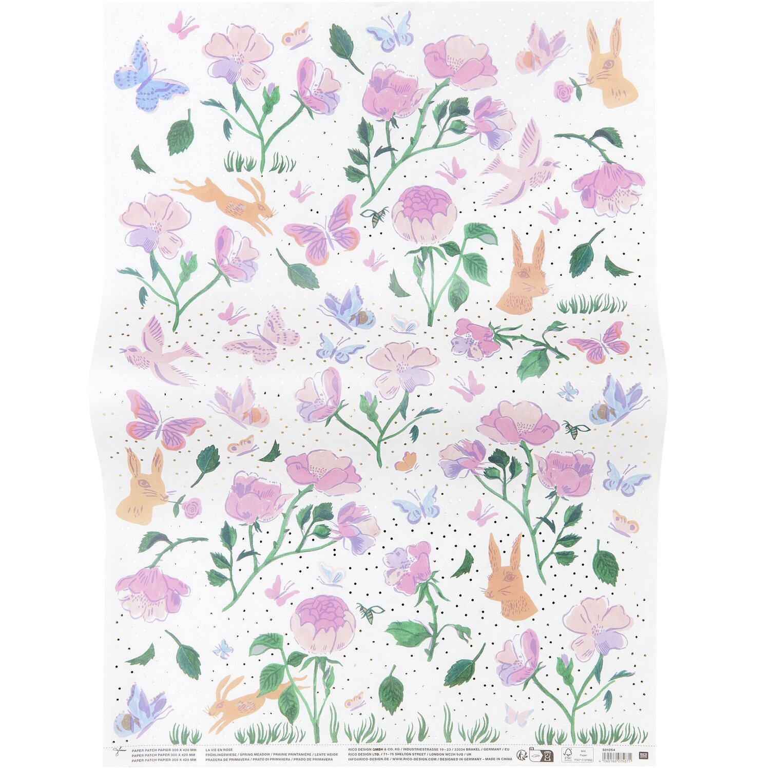 Paper Patch Papier Frühlingswiese mit floralen Mustern, Schmetterlingen und Hasen, 30x42 cm, von Rico Design.