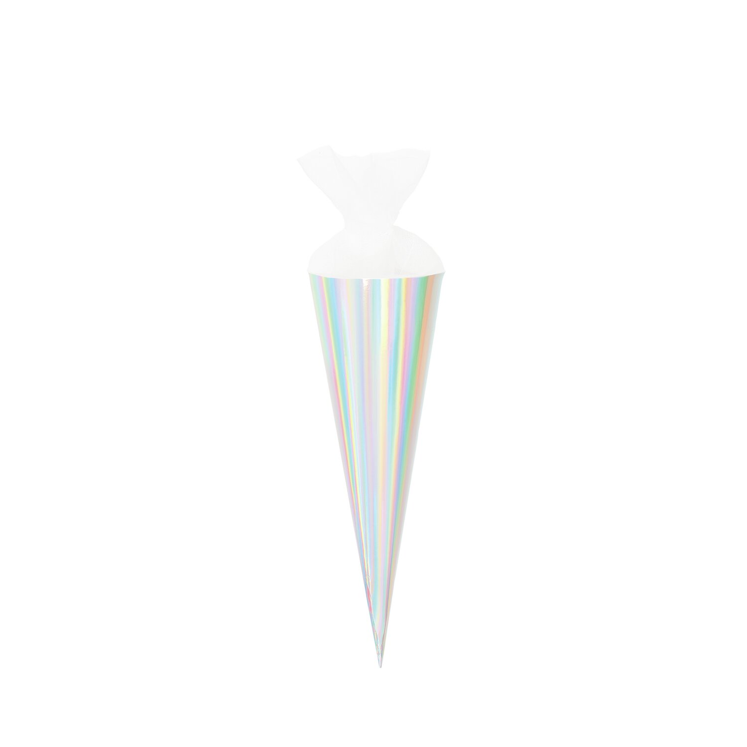 Schultüte Rohling mit Tüllverschluss Irisierend, 35cm, von Rico Design. Weißer, irisierender Kegel mit Tüllverschluss, ideal für den Schulanfang.