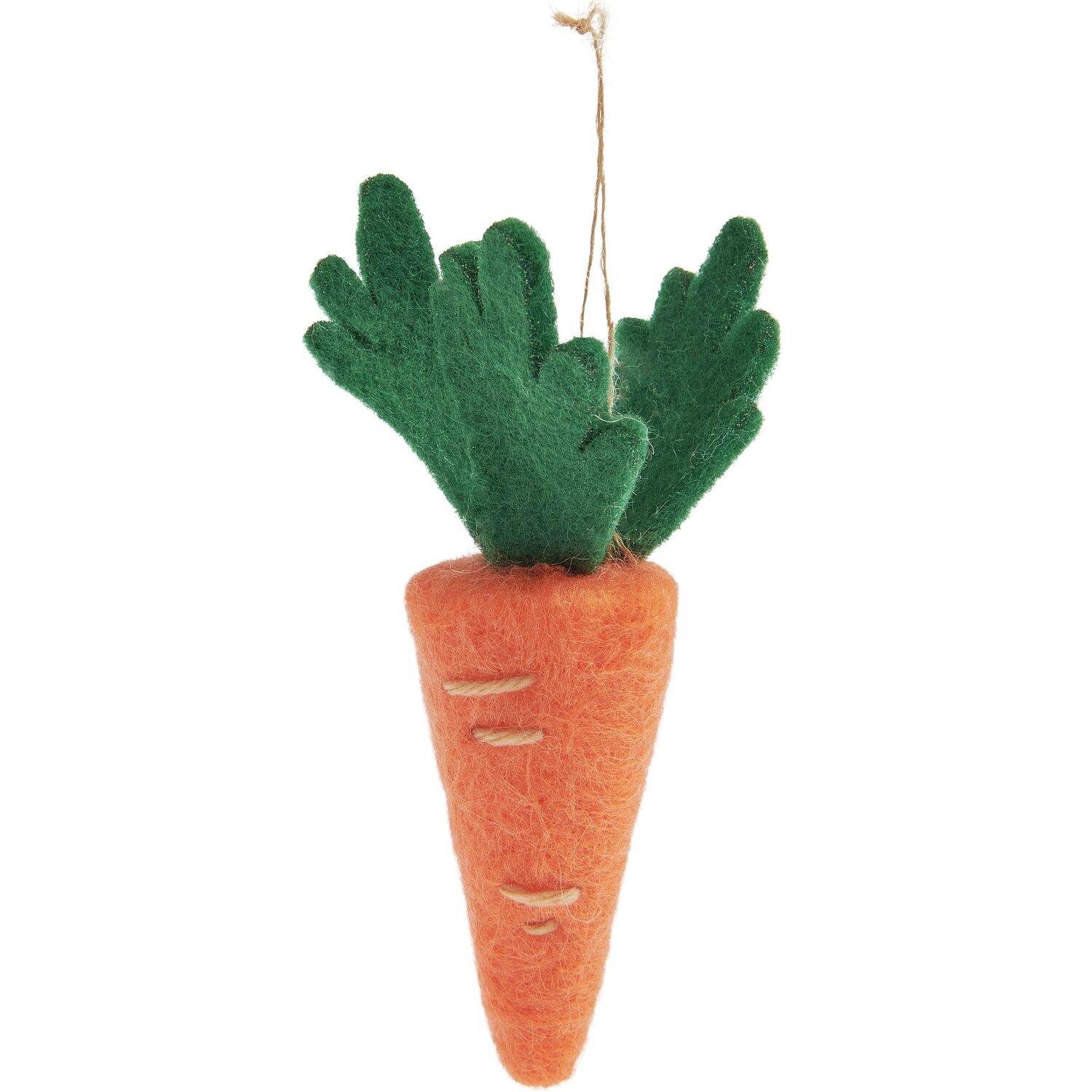 Aufhänger Möhre Filz von Rico Design: Filzkarotte in Orange mit grünen Blättern, ideal als Dekoration. Maße: 16x4,5x4,5cm.