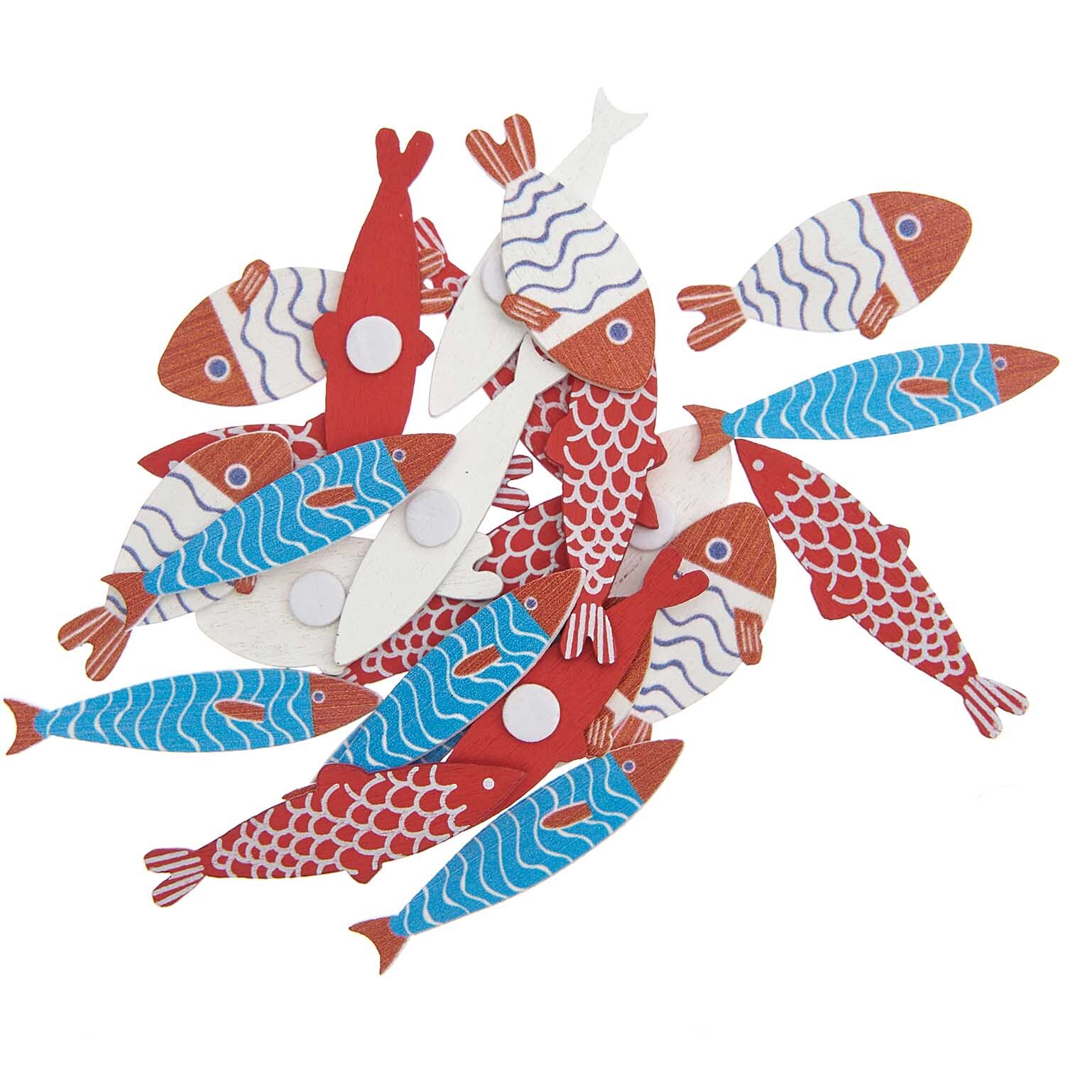 Holzsticker Fisch Mix: Bunte Fischsticker in Rot und Blau von Rico Design, ideal für kreative Projekte.