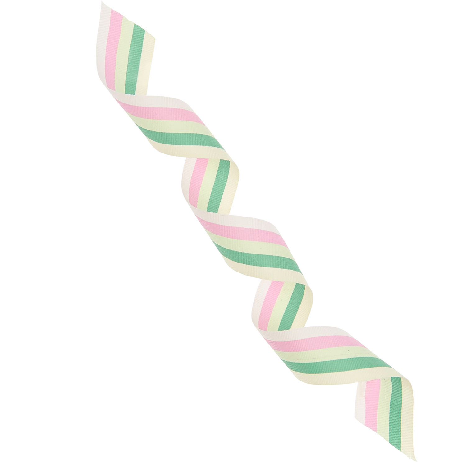 Webband Multi Streifen Rosa/Grün/Gelb 25mmx3m von Rico Design Webband Multi Streifen in Rosa, Grün und Gelb von Rico Design, 25mm breit, 3m lang, spiralförmig drapiert.