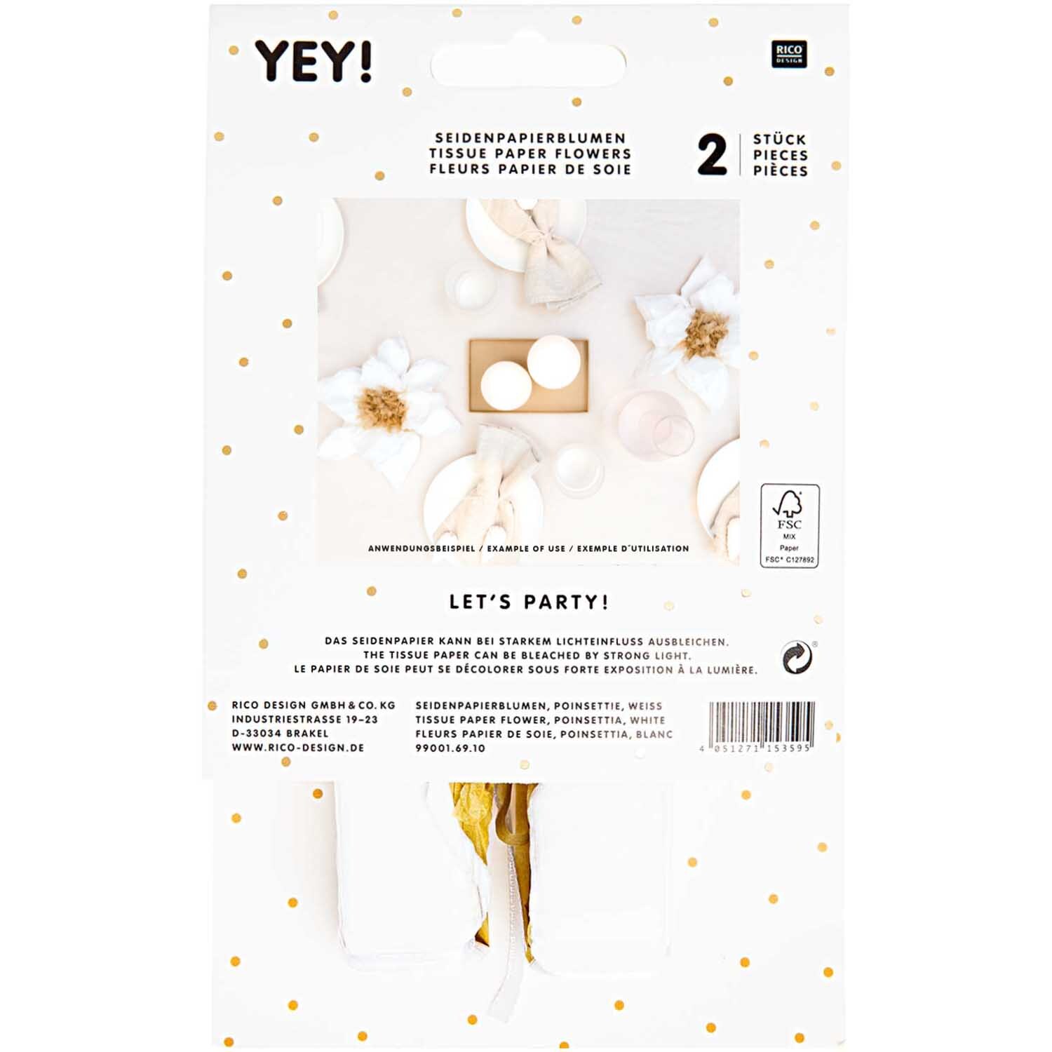 Seidenpapierblumen Weihnachtsstern 25cm 2 Stück von Rico Design in Weiß, dekorativ verpackt. Ideal für festliche Anlässe und kreative Dekorationen.