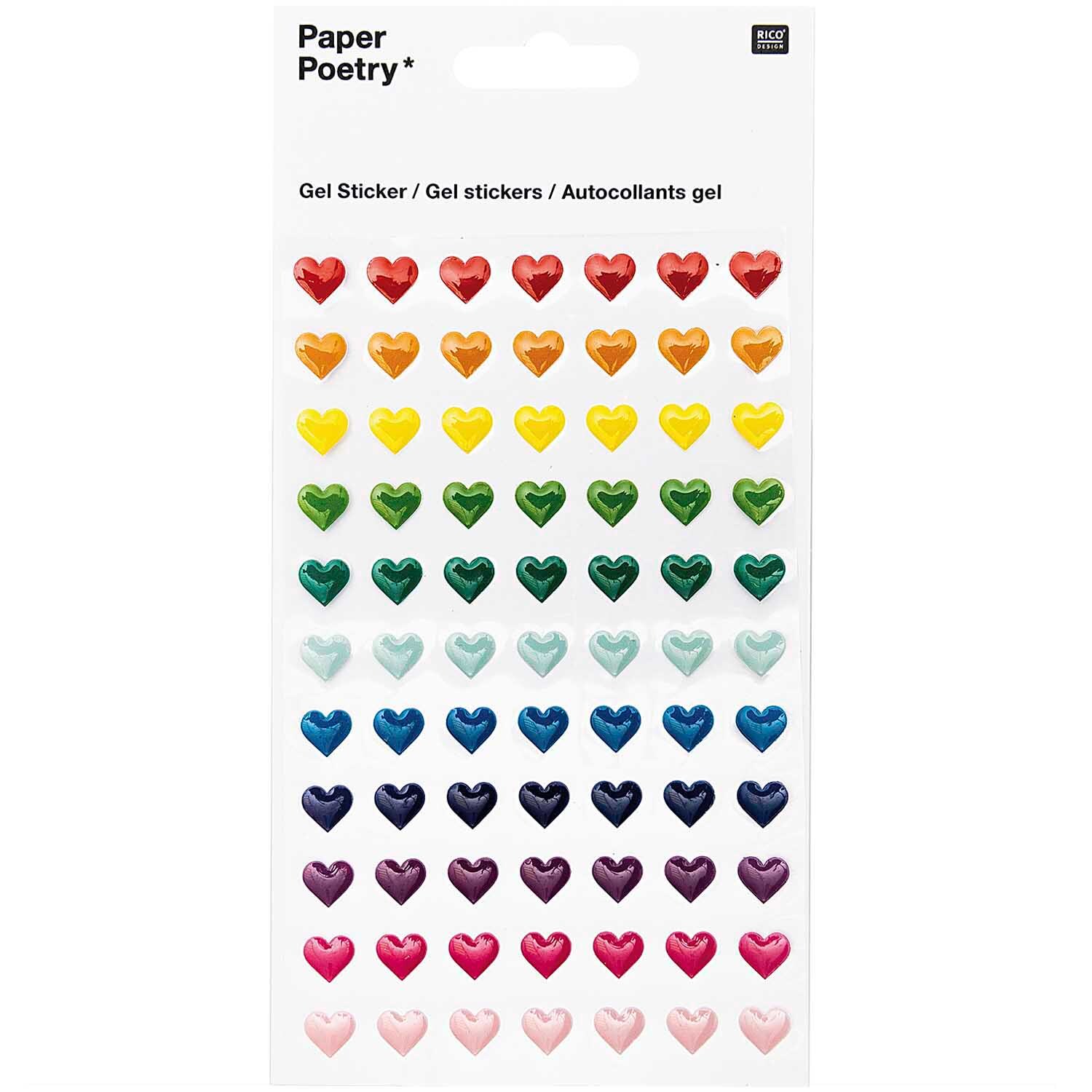 Paper Poetry Sticker Herzen mehrfarbig klein von Rico Design zeigen bunte Herzsticker in Reihen.
