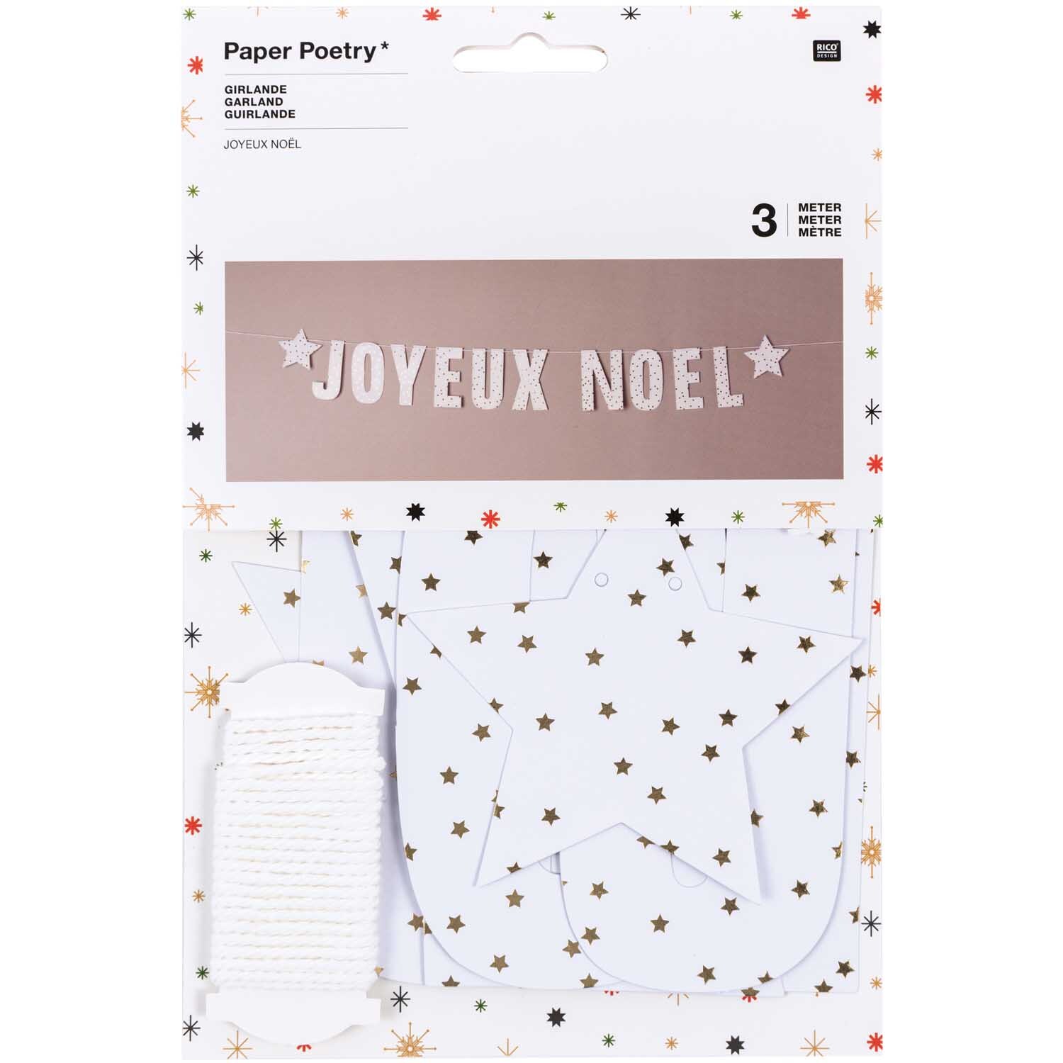 Paper Poetry Girlande Joyeux Noel 3m mit Hot Foil, dekoriert mit Sternen, von Rico Design. Perfekt für festliche Weihnachtsdekorationen.