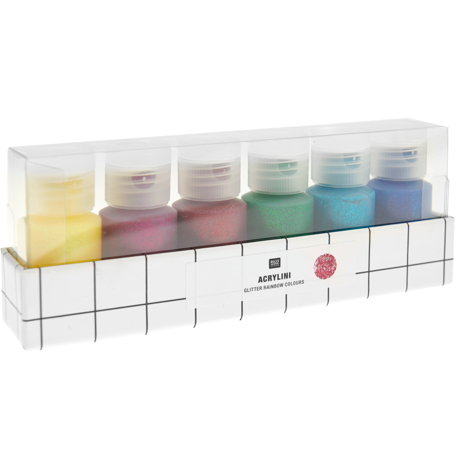 Acrylini Acrylfarben Set mit sechs glitzernden Farben in 22ml Flaschen von Rico Design.