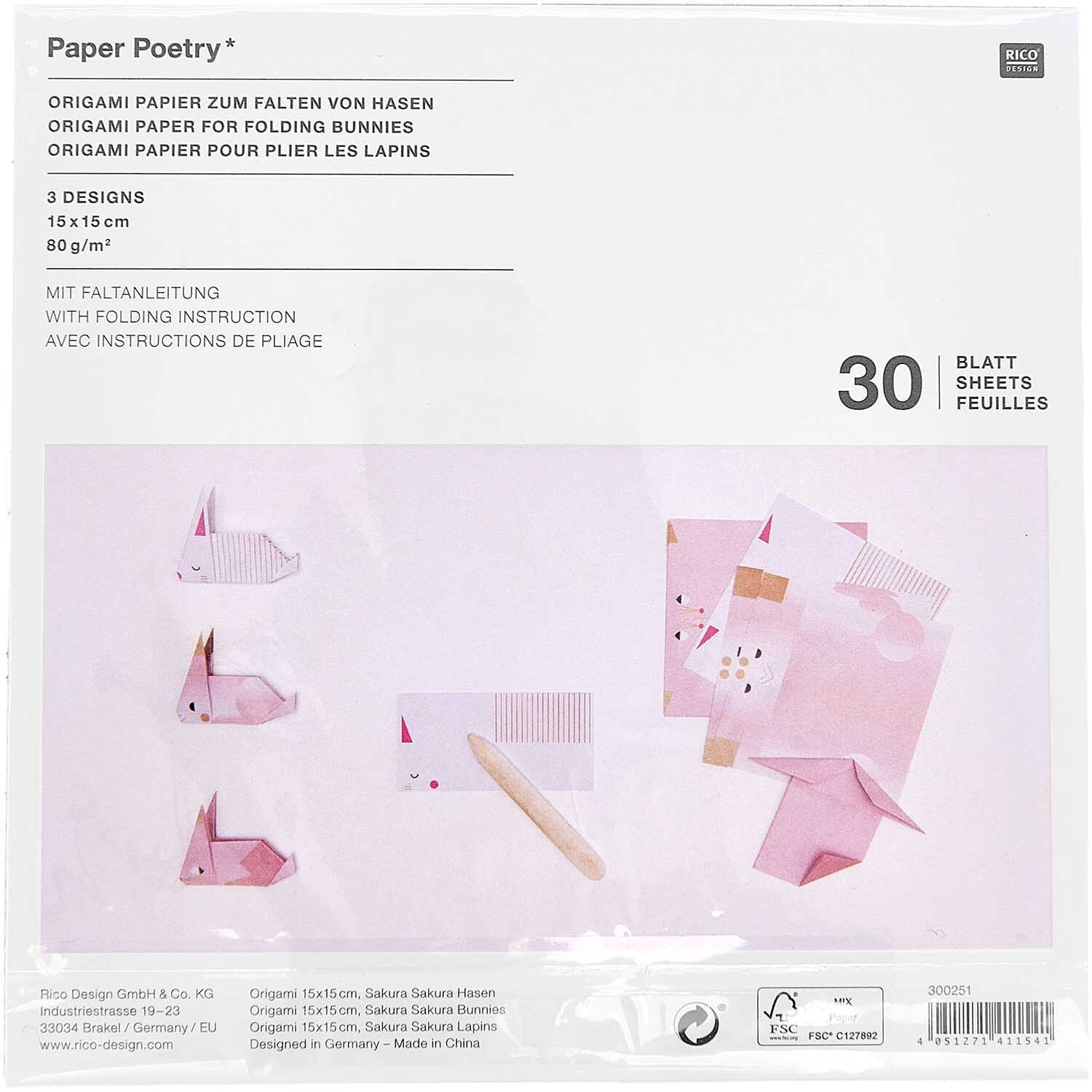 Paper Poetry Origami Hasen 15x15cm 30 Blatt von Rico Design Paper Poetry Origami Hasen 15x15cm 30 Blatt zeigt rosa Origami-Papier mit Hasenmotiven von Rico Design.