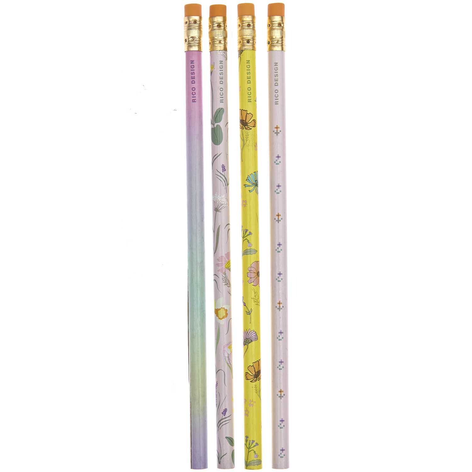Paper Poetry Bleistift-Set Futschikato Blumen, 4 bunte Bleistifte mit floralen Mustern von Rico Design. Ideal für kreative Projekte.