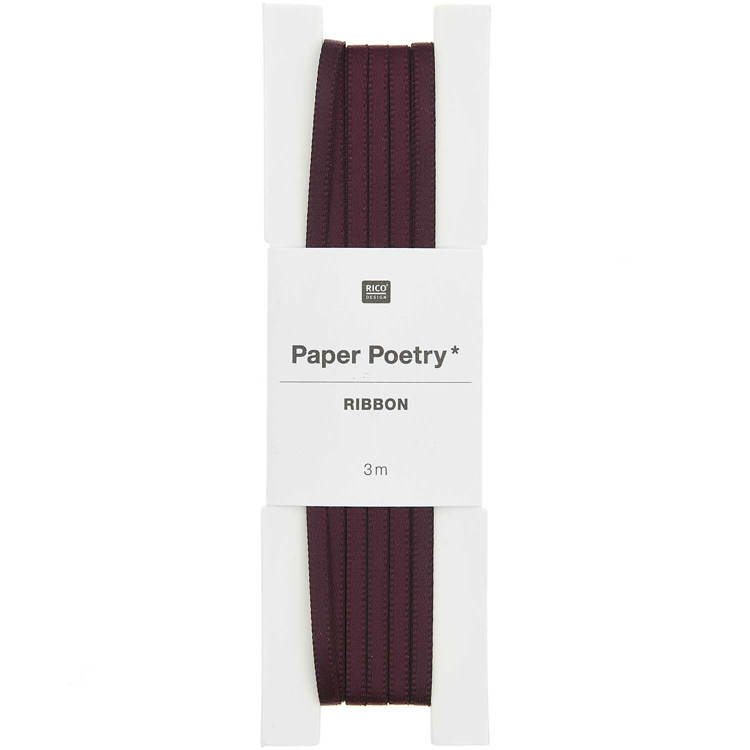 Paper Poetry Satinband in Rosine, 3mm breit und 3m lang, von Rico Design, auf weißem Hintergrund.