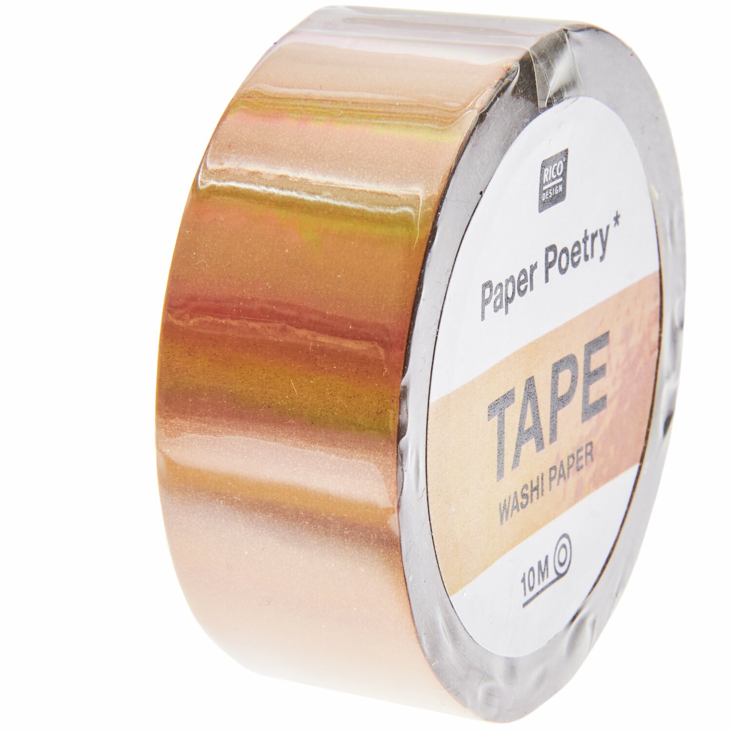 Paper Poetry Holographic Tape zeigt ein irisierendes, goldfarbenes Design von Rico Design auf einer Rolle von 19mm Breite und 10m Länge.
