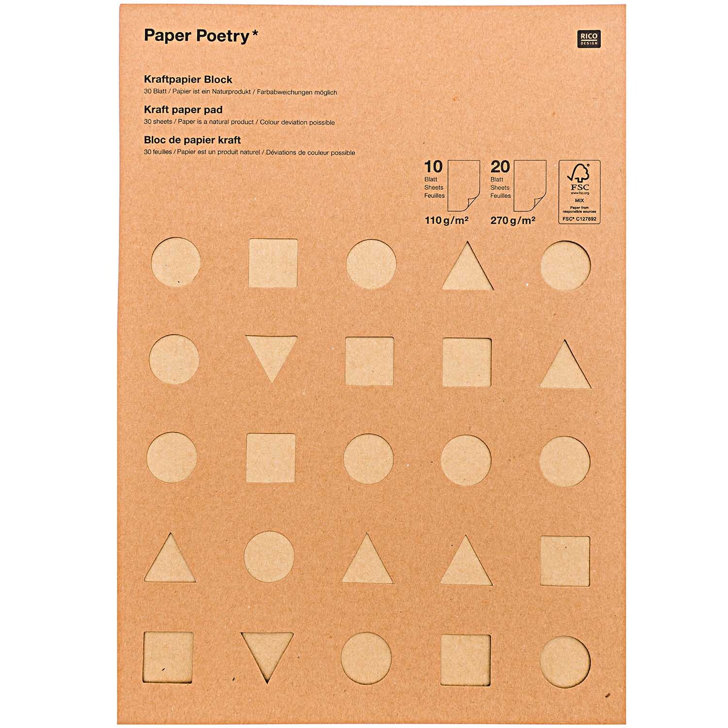 Paper Poetry Kraftpapier Block DIN A4 30 Blatt mit geometrischen Formen, braun, von Rico Design. Ideal für kreative Projekte und Bastelarbeiten.