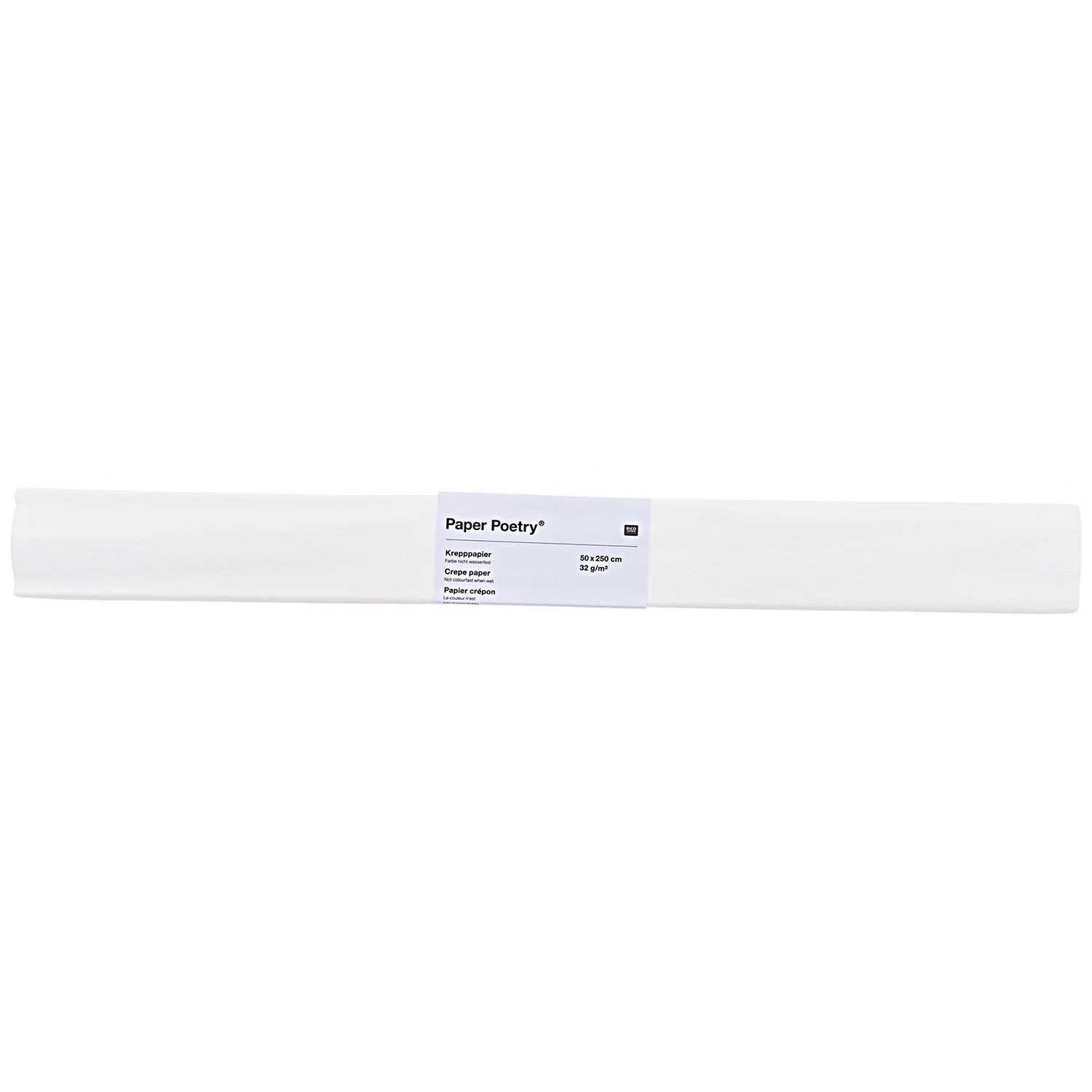Krepp-Papier 50x250cm Farbe Weiß von Rico Design Krepp-Papier 50x250cm von Rico Design in Weiß, zusammengerollt und bereit für kreative Projekte.
