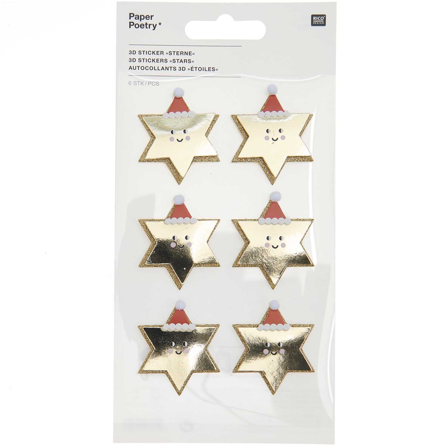 Paper Poetry 3D Sticker Sterne zeigen goldene Sterne mit Weihnachtsmützen und lächelnden Gesichtern. Ideal für festliche Dekorationen.