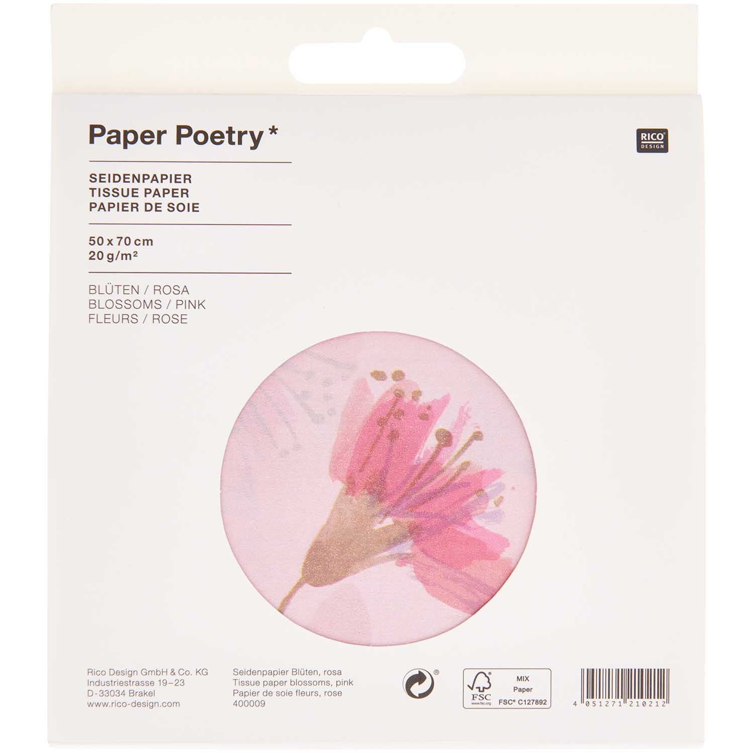 Paper Poetry Seidenpapier Blüten rosa 50x70cm 5 Bogen von Rico Design Paper Poetry Seidenpapier mit Blütenmotiv in Rosa, 50x70cm, 5 Bogen, von Rico Design. Ideal für kreative Projekte.