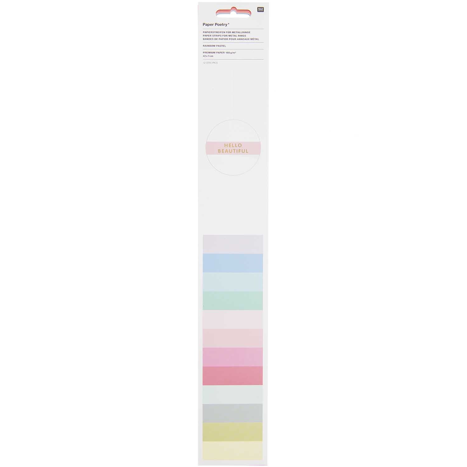 Paper Poetry Papierstreifen in 12 Pastellfarben von Rico Design, ideal für kreative Bastelprojekte.