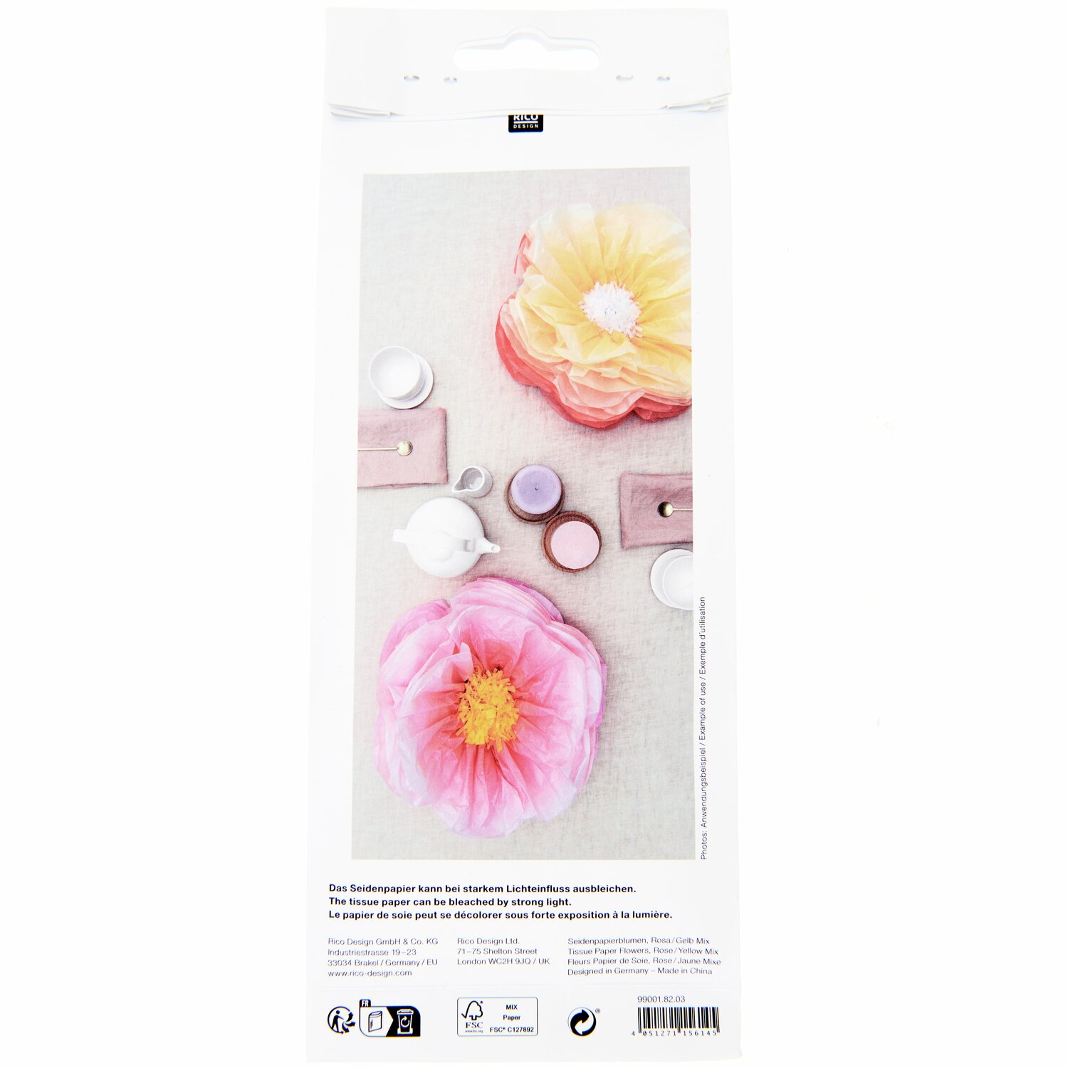 Seidenpapierblumen 40cm 2 Stück in Rosa-Gelb von Rico Design, dekorativ arrangiert auf hellem Hintergrund.