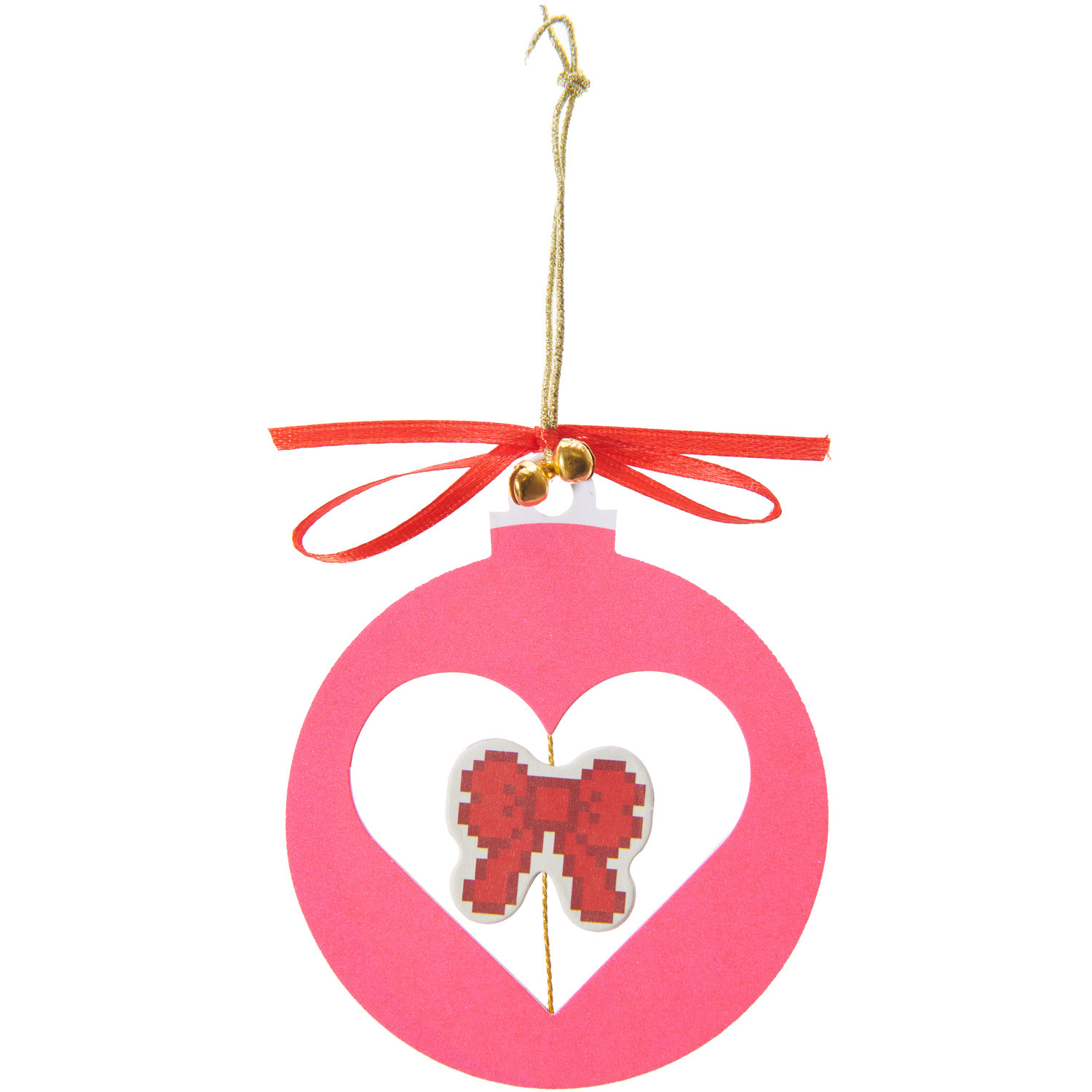 Paper Poetry Papierornament in Herzform mit roter Schleife, verziert mit goldenen Glöckchen.