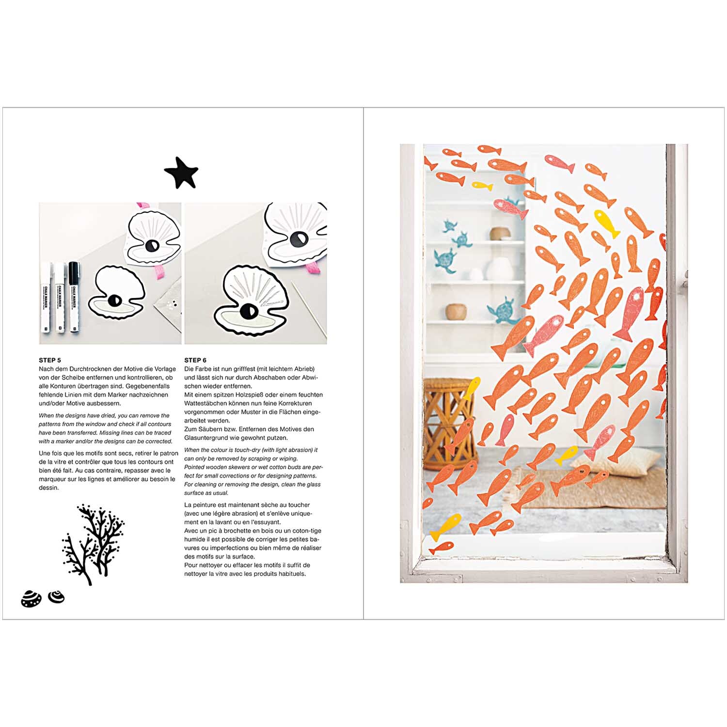 Vorlagenmappe Mermaid Fenster- und Glasmalerei zeigt bunte Fische und Muscheln auf Glas. Ideal für kreative Dekorationen mit Kreidestiften.