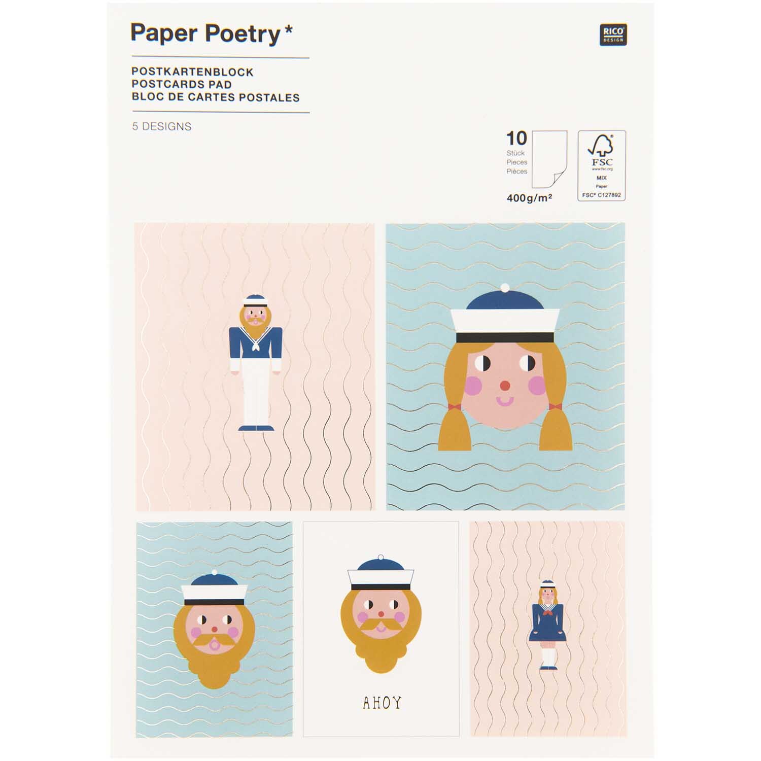 Paper Poetry Postkartenblock Matrosen mit 10 Karten, illustriert mit Matrosenmotiven in Pastellfarben. Ideal für kreative Grüße.