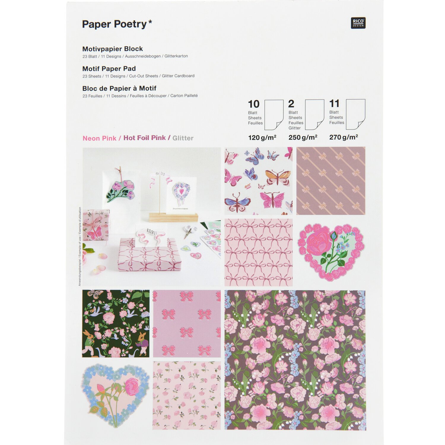Paper Poetry Motivpapierblock La Vie En Rose zeigt florale und Schmetterlingsdesigns in Rosa. Ideal für kreative Projekte mit 23 Blättern von Rico Design.