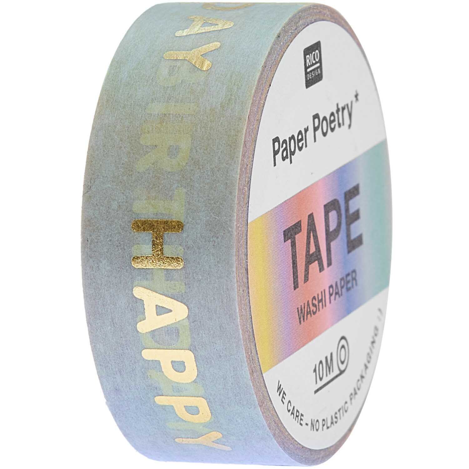 Paper Poetry Tape Happy Birthday 15mm 10m Farbe Rainbow von Rico Design Paper Poetry Tape Happy Birthday 15mm 10m mit Regenbogenmuster und goldener Schrift von Rico Design.