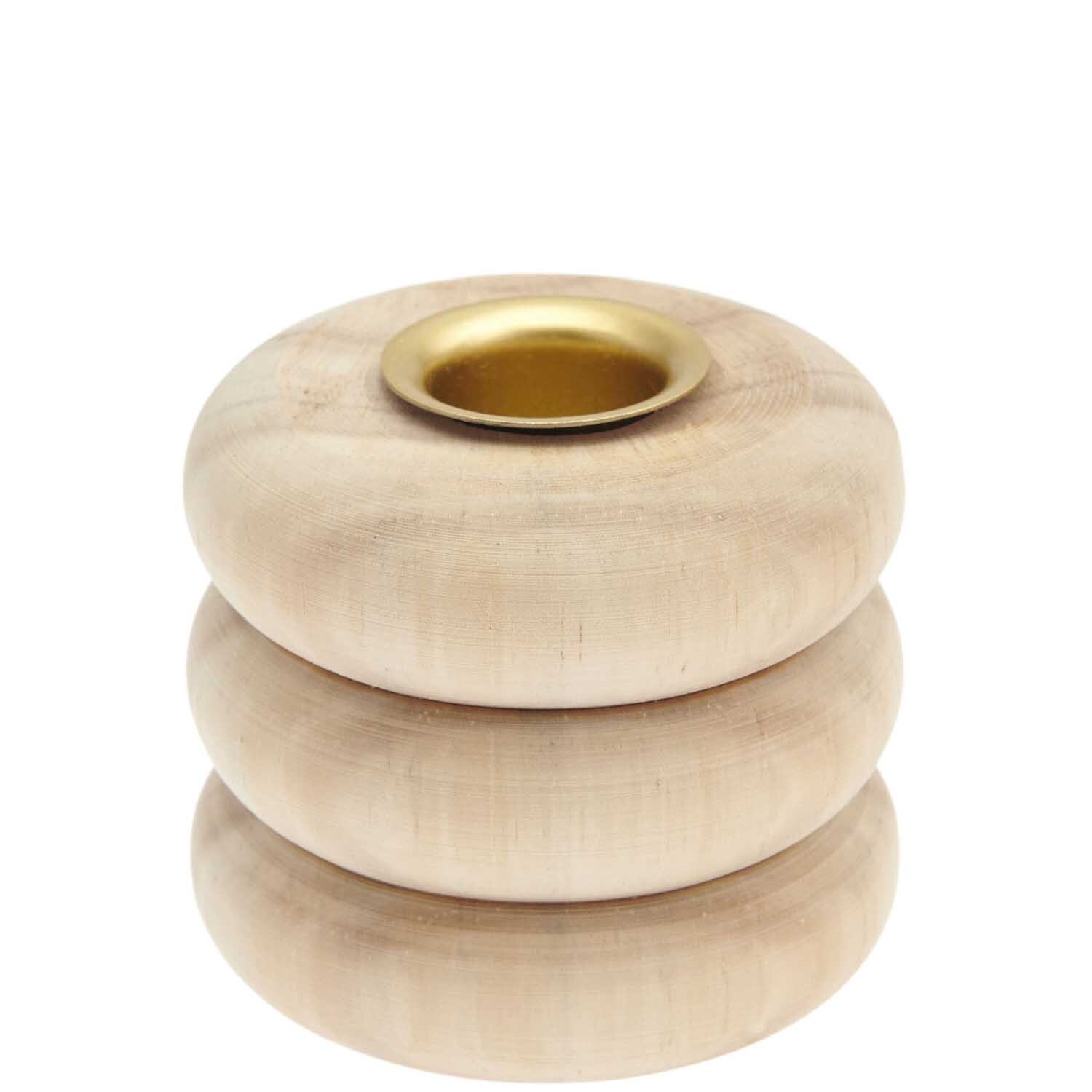 Holz-Kerzenhalter Ringe Natur von Rico Design, dreischichtiger Halter mit goldener Kerzenfassung, ideal für stilvolle Dekorationen.
