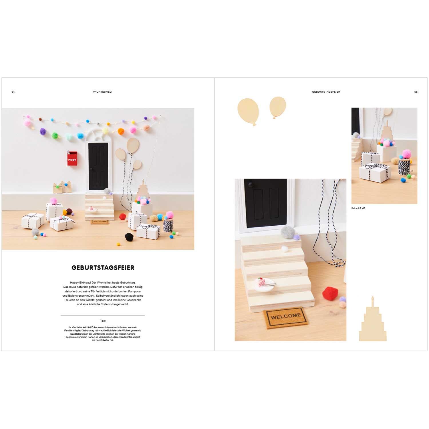 Rico Wichtelwelten von Rico Design Rico Wichtelwelten: Geburtstagsfeier mit dekorierten Geschenken, Treppe und bunten Luftballons.