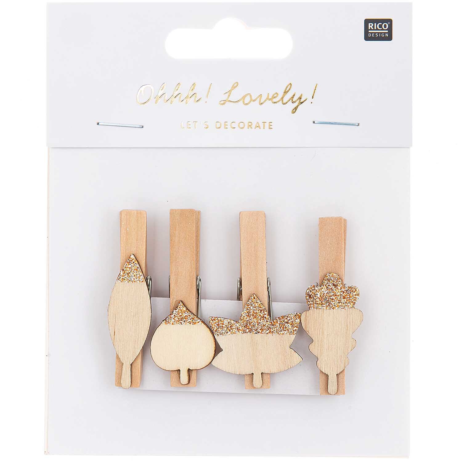Holzclips Blätter Mix mit Glitter natur-roségold 4,8cm 4 Stück von Rico Design