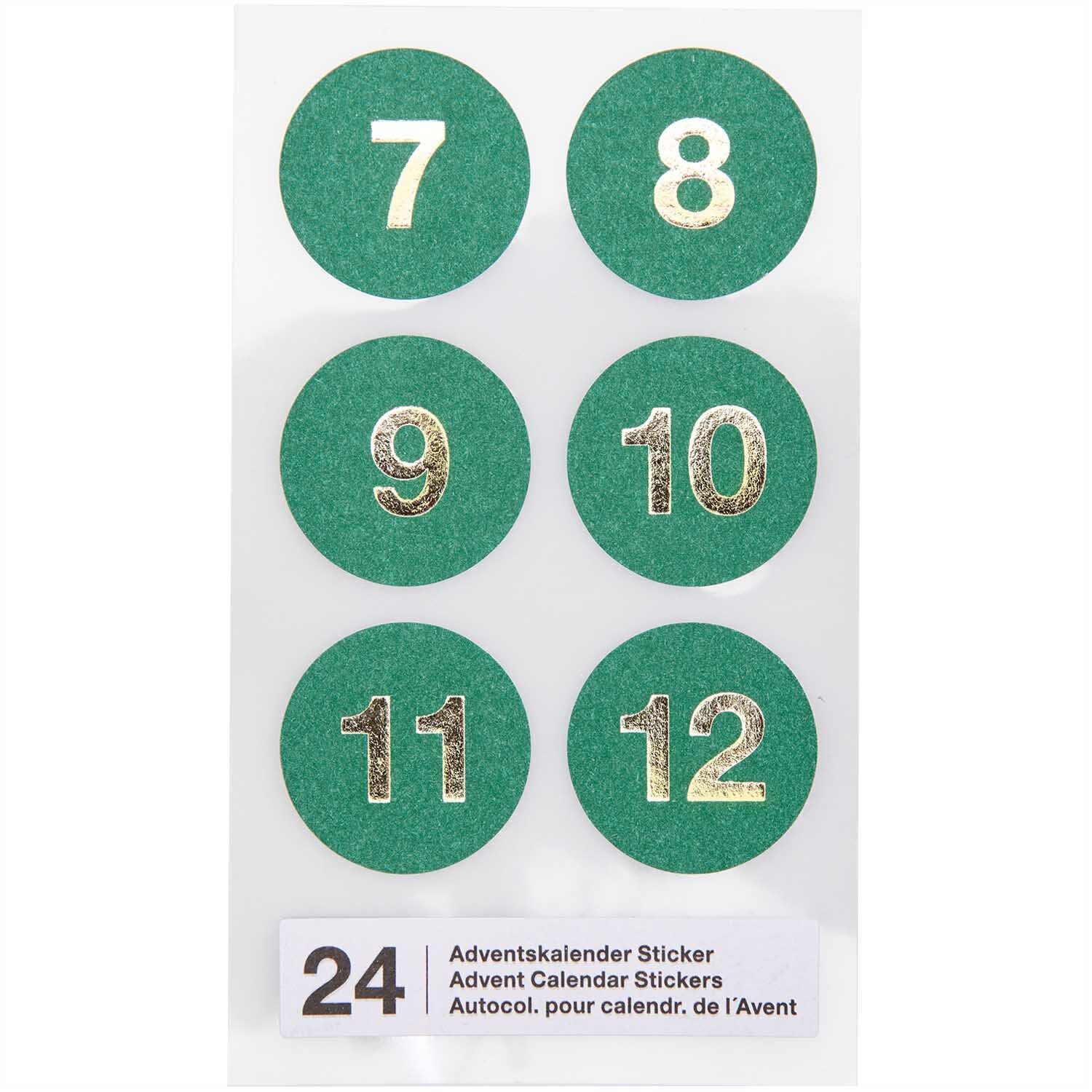 Paper Poetry Adventskalender Sticker Zahlen 1-24 in Grün mit goldenen Ziffern von 7 bis 12. Ideal für kreative Adventskalender.