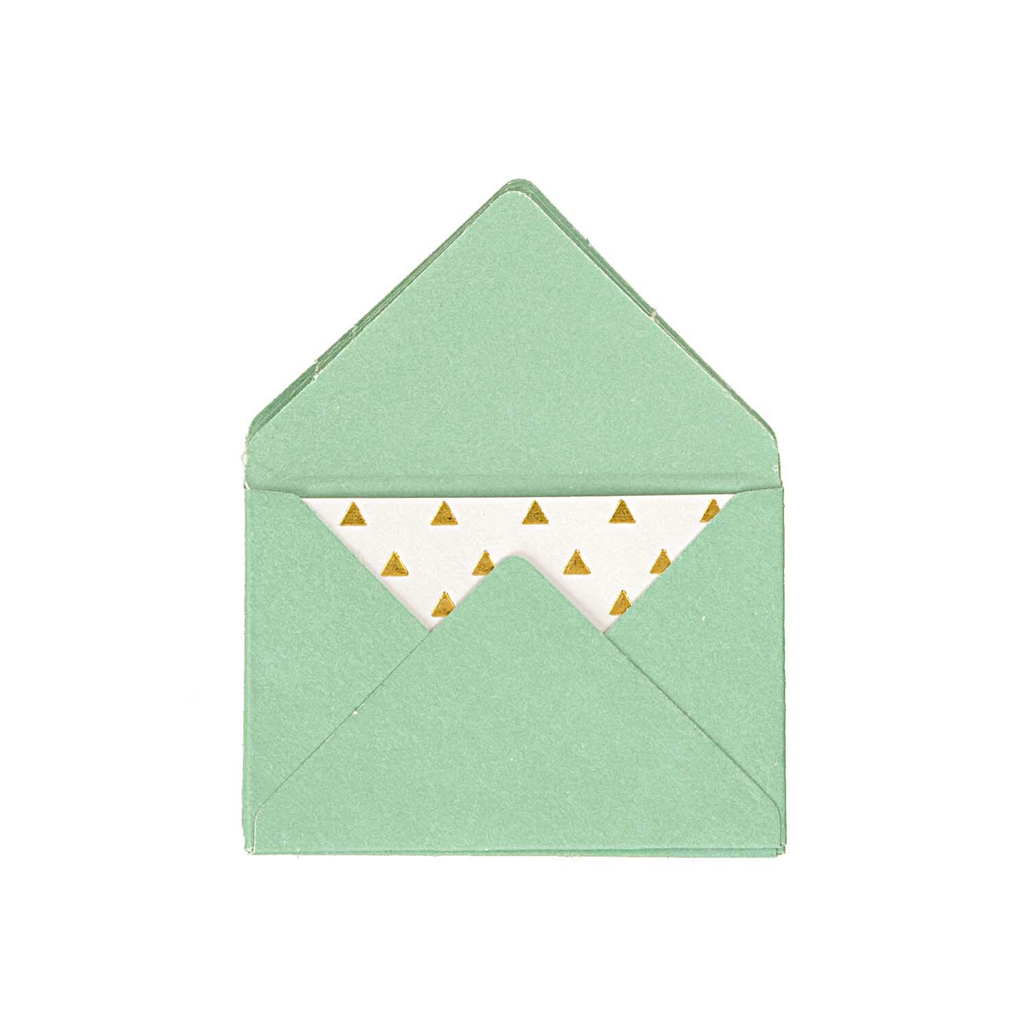 Paper Poetry Mini Briefe von Rico Design in türkis, geöffnet mit weißem Papier und goldenen Dreiecken. Ideal für kreative Projekte.