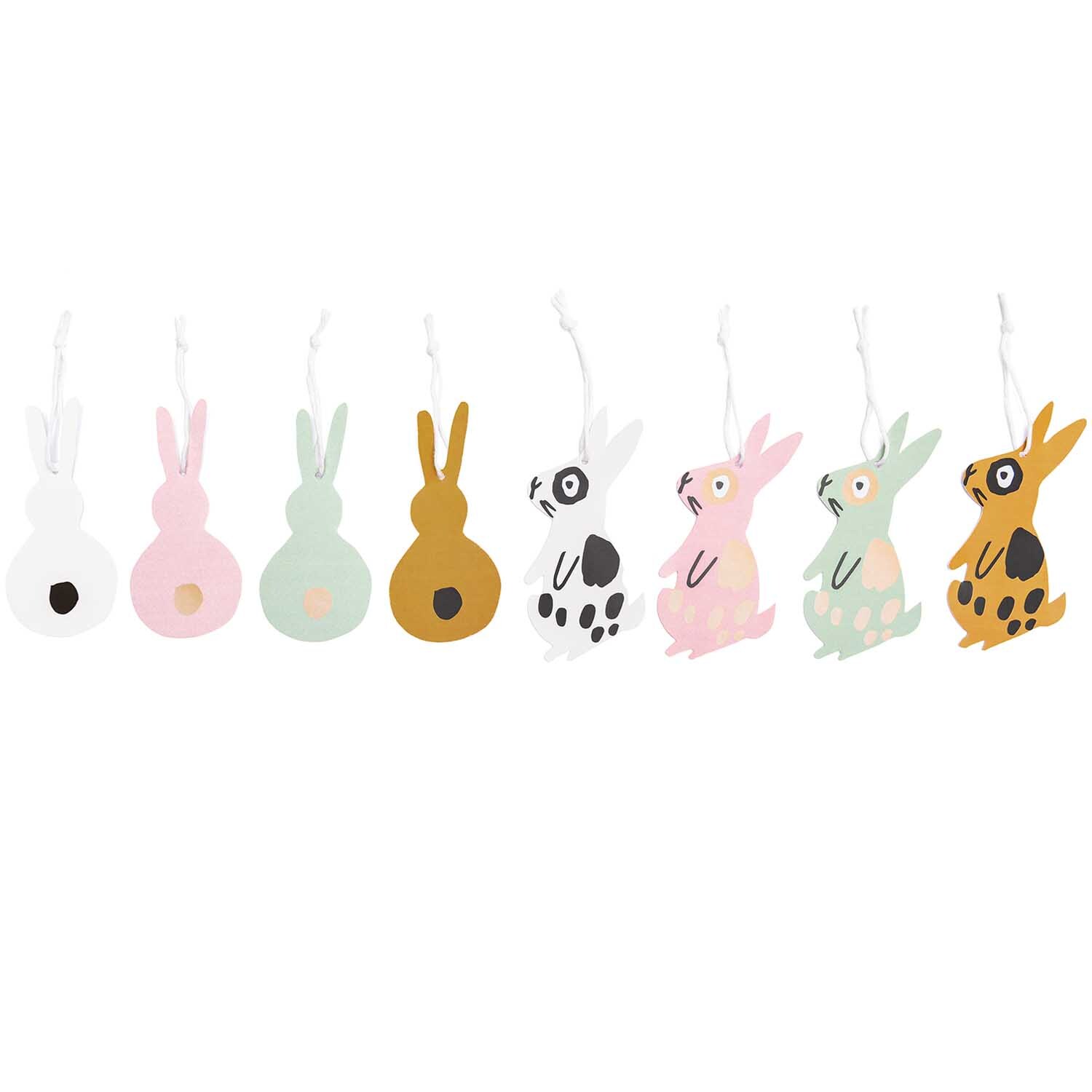 Paper Poetry Papieranhänger Bunny Hop Hasen von Rico Design in Pastellfarben, 8 Stück. Verschiedene Hasenformen in Weiß, Rosa, Grün und Braun.