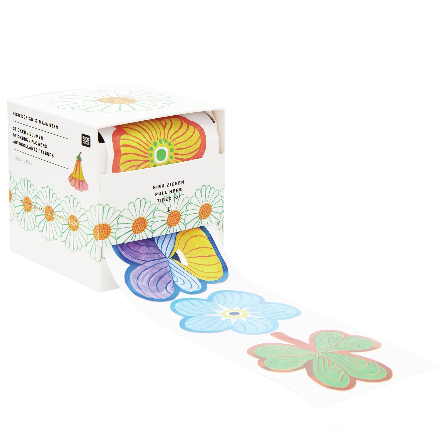 Sticker Midsommar Magic Blumen: Bunte Blumensticker von Rico Design in einer Box mit 100 Stück.