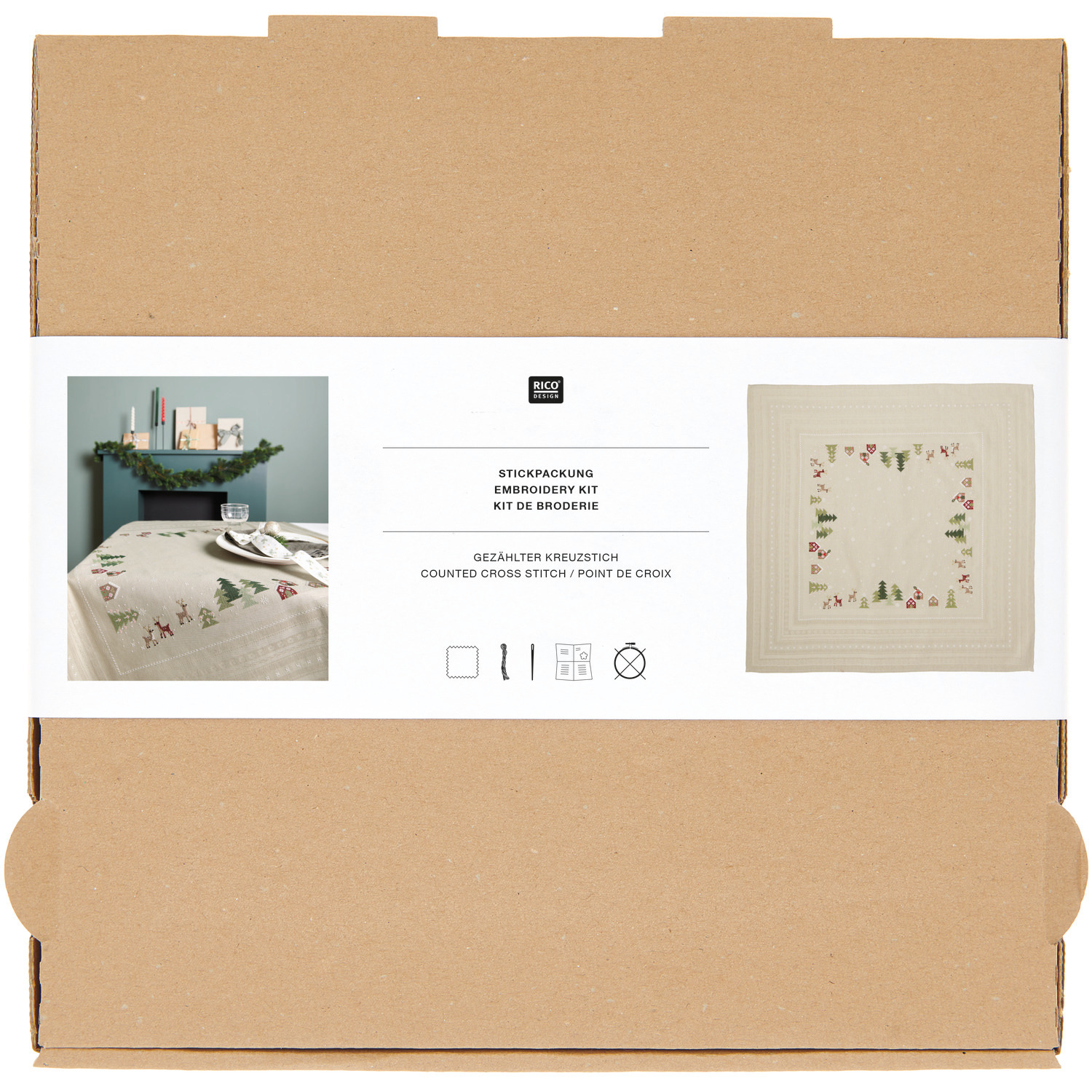 Stickpackung Tischdecke Winterlandschaft von Rico Design, 90x90cm, zeigt ein winterliches Motiv auf beigem Stoff, ideal für kreative Projekte.