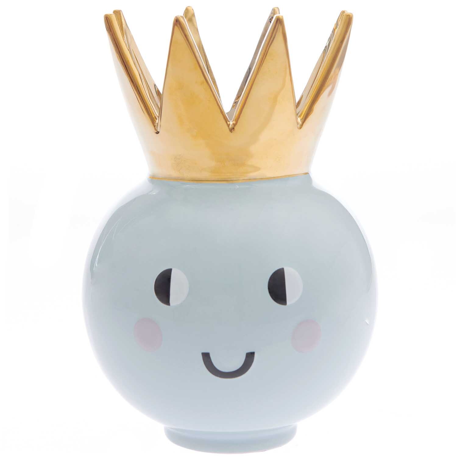 Keramik Vase Krone Ø15cm H22,8cm: Niedliche blaue Vase mit goldener Krone und lächelndem Gesicht von Rico Design.