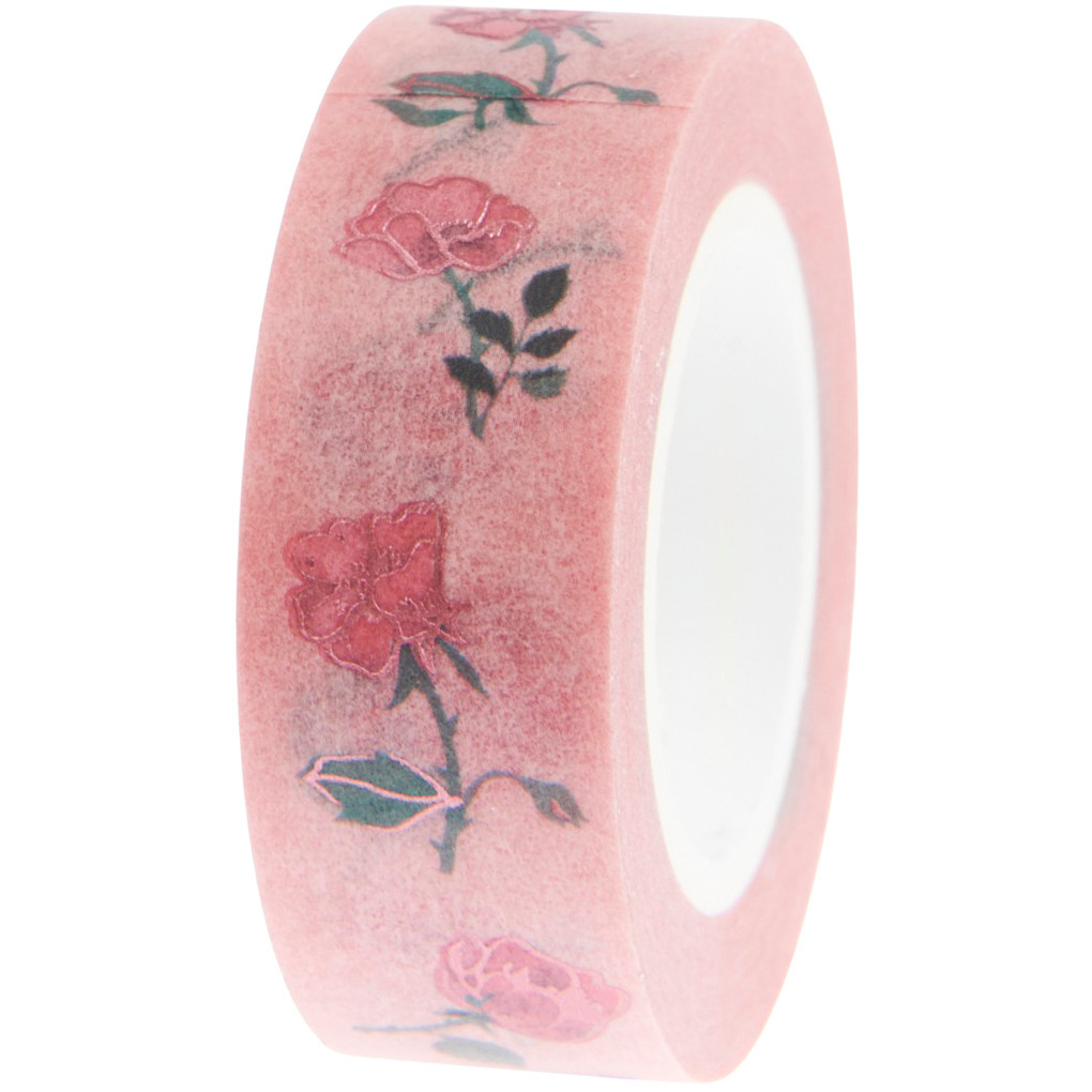 Paper Poetry Tape Rosen mit zartem Rosendesign auf rosa Hintergrund, 1,5 cm breit, 10 m lang. Ideal für kreative Projekte.