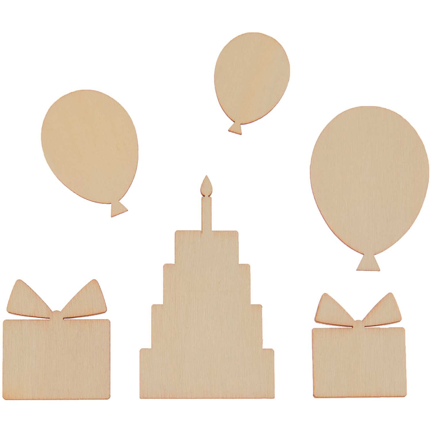 Holzdeko Set Birthday von Rico Design: Sechs naturfarbene Holzformen mit Ballons, Geschenken und einer Torte.