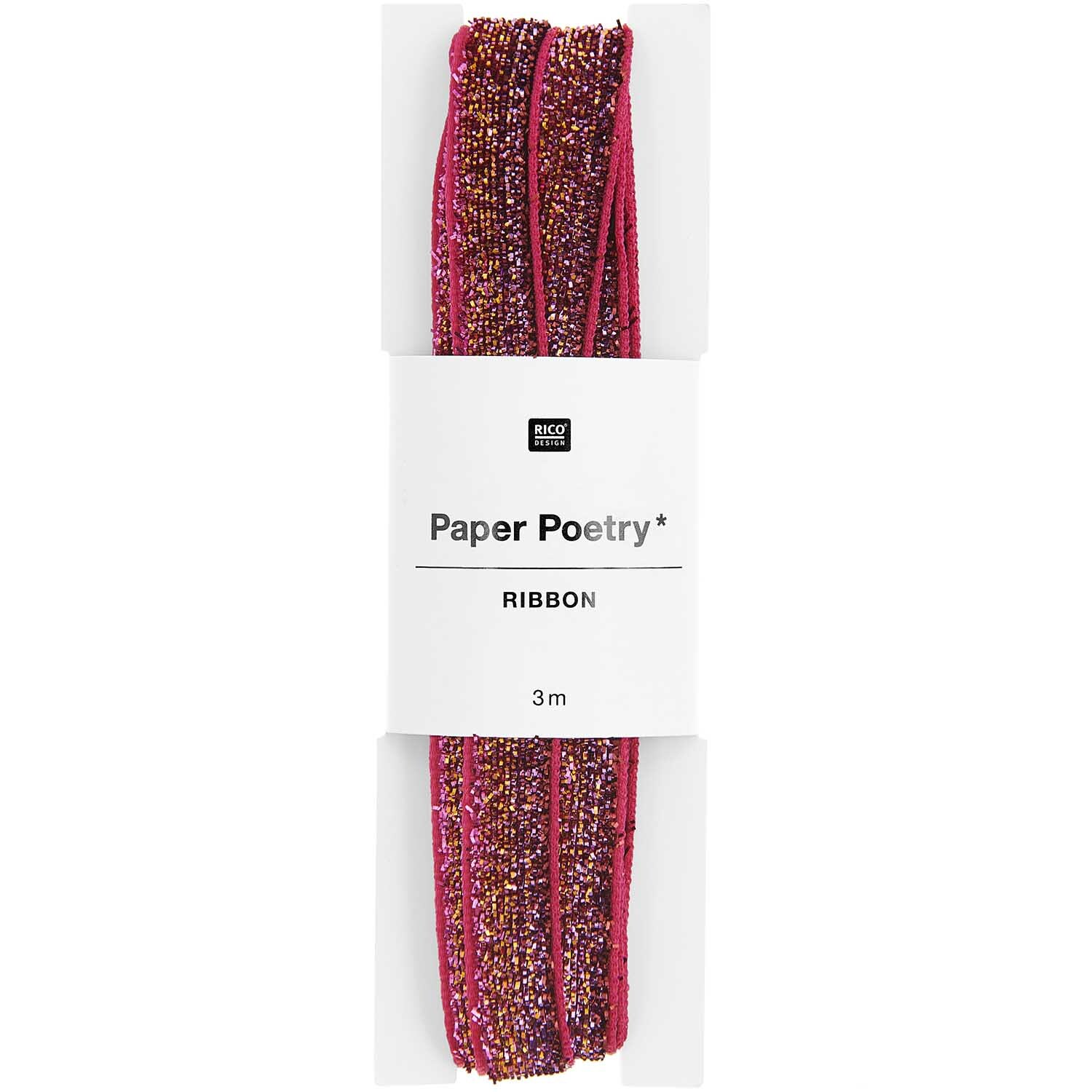 Paper Poetry Glitzerband 10mm 3m Farbe Pink von Rico Design Paper Poetry Glitzerband in Pink, 10mm breit und 3m lang, von Rico Design, auf weißem Hintergrund.