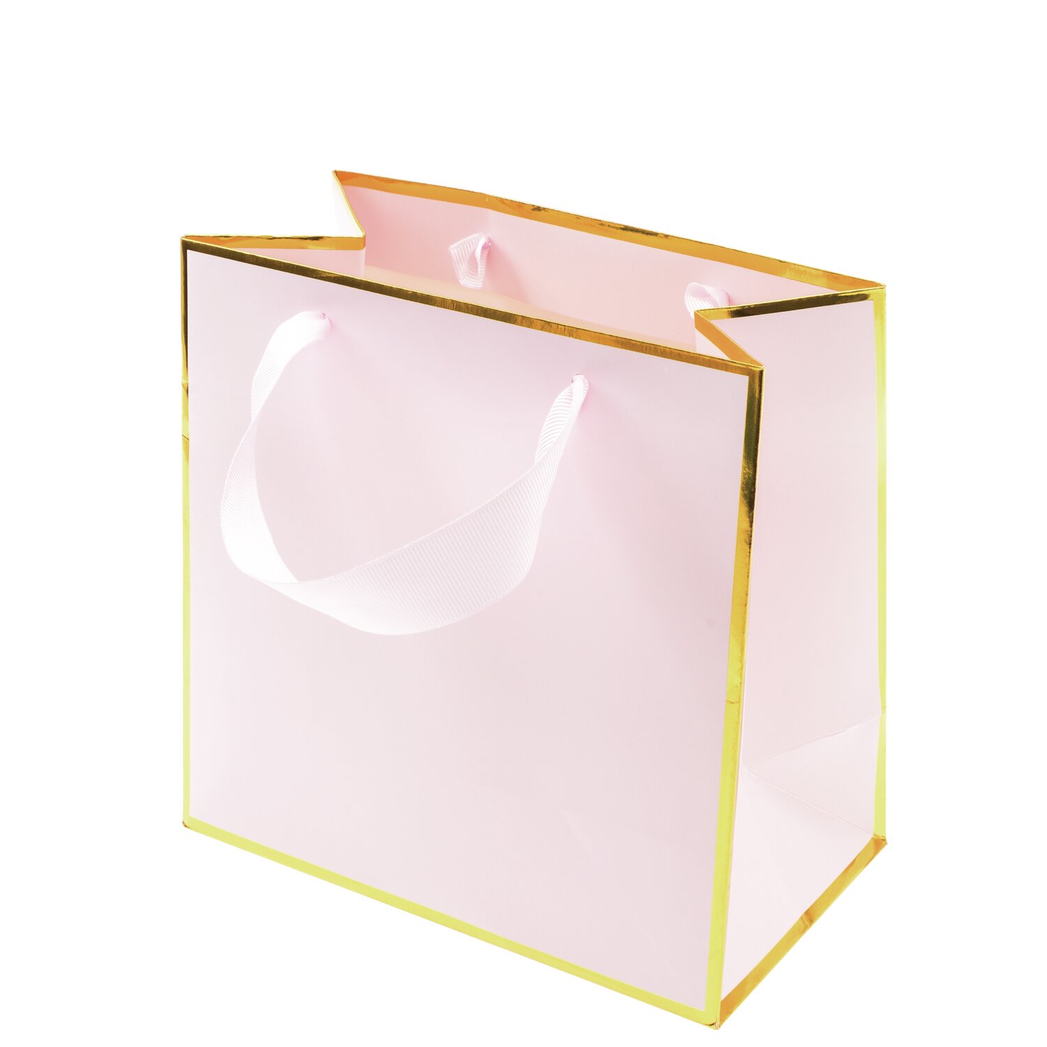 Paper Poetry Geschenktasche in zartem Rosa mit goldenen Kanten und weißen Griffen von Rico Design.