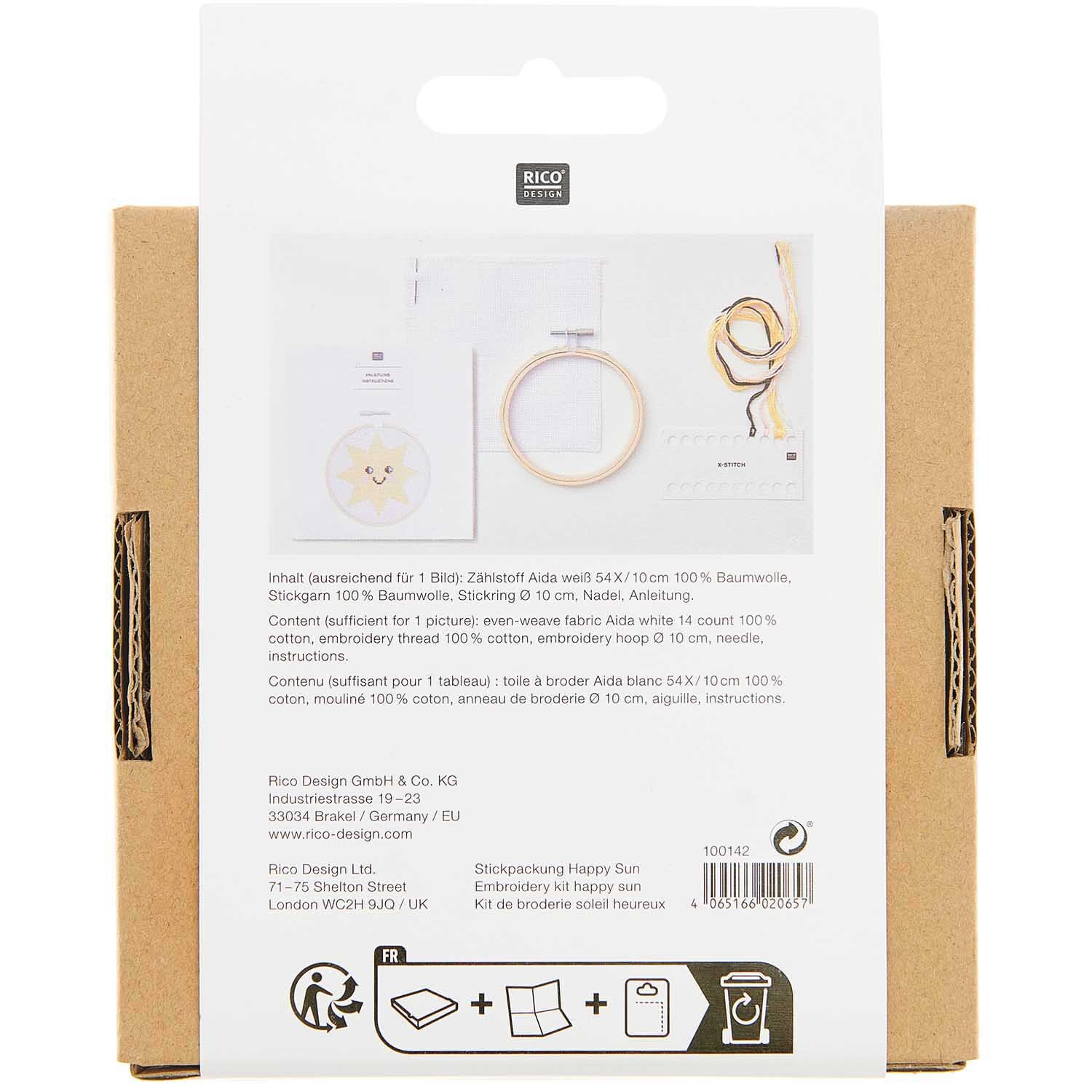 Kit de broderie Happy Sun from Rico Design Stickpackung Happy Sun von Rico Design: Verpackung mit Stickrahmen und Garn auf weißem Hintergrund. Ideal für kreative Handarbeiten.