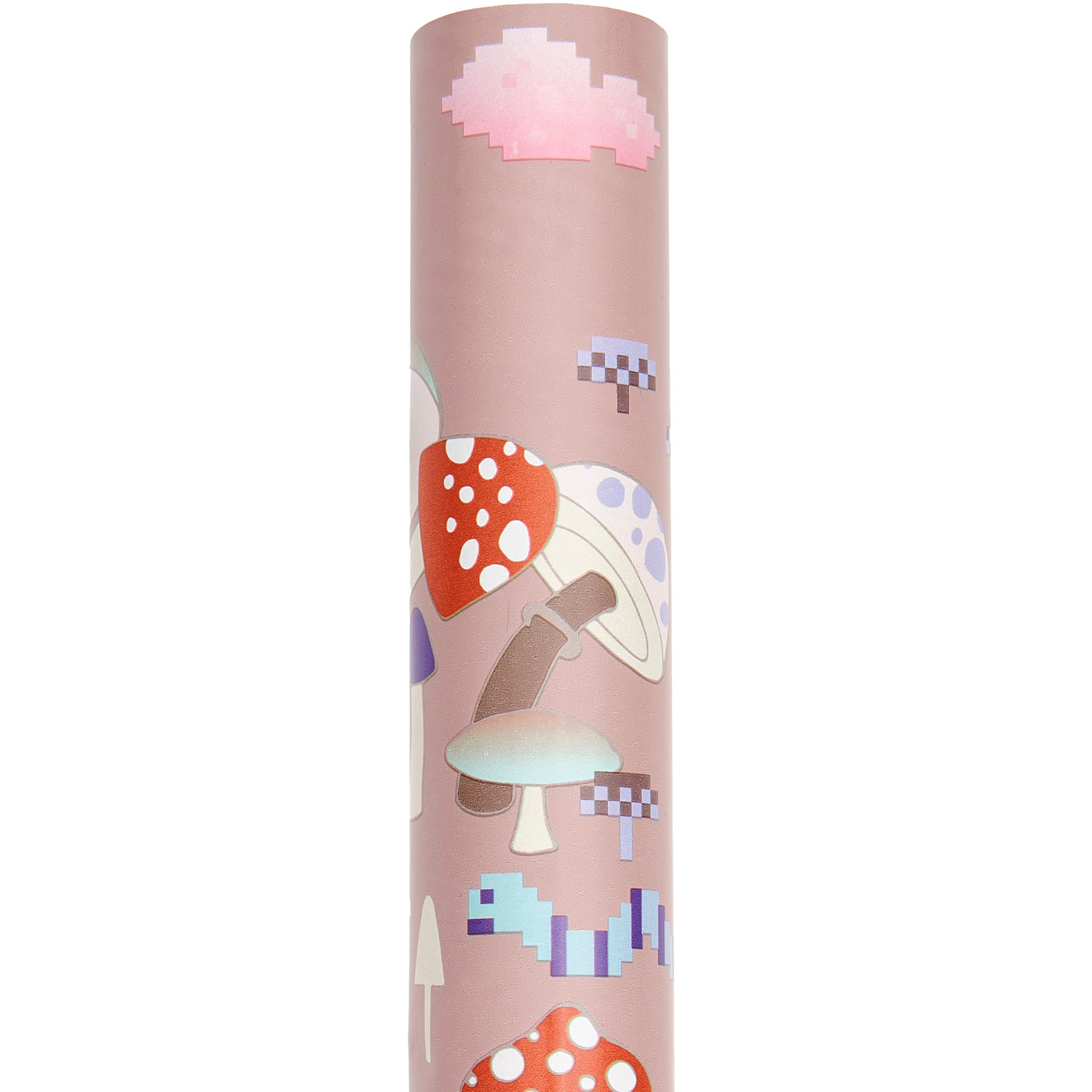 Geschenkpapier Shrooom Landschaft mit bunten Pilzmotiven auf rosa Hintergrund, 70cm x 2m, 80g/m².
