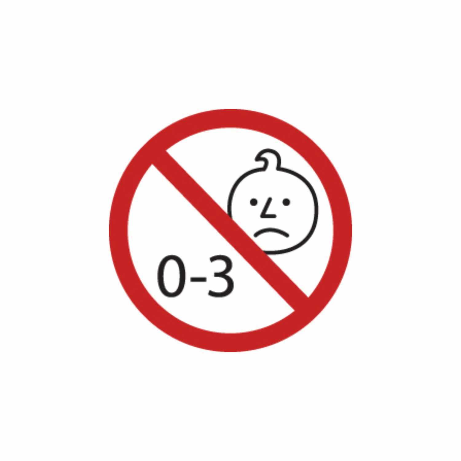 Warnschild für Kinder unter 3 Jahren mit durchgestrichenem Gesicht und der Aufschrift "0-3".