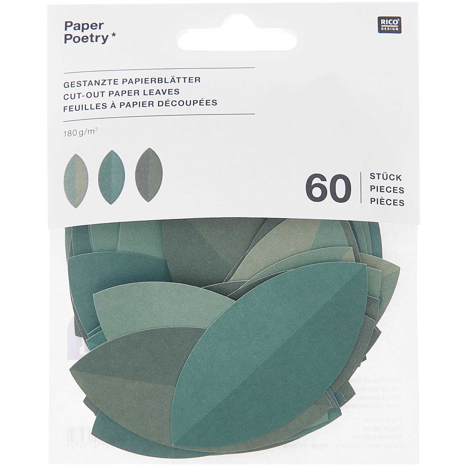 Paper Poetry Bastelset Papierblätter zeigt grüne Blätter in verschiedenen Tönen, 60 Stück von Rico Design.