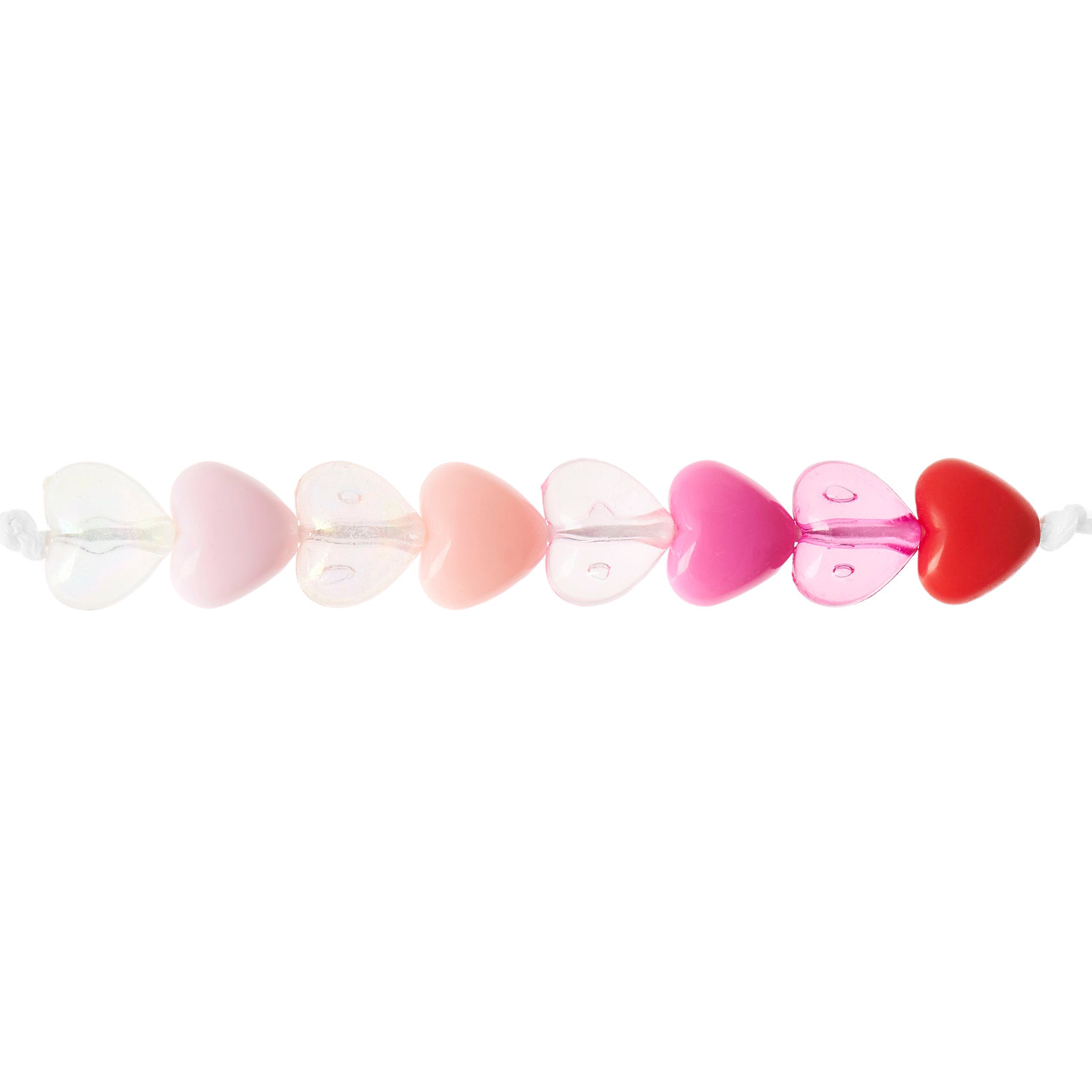 Itoshii Herz Perlen in Rosa und Irisierend von Rico Design, 8x9x5 mm, 70 Stück. Herzförmige Perlen in verschiedenen Rosatönen aufgereiht.