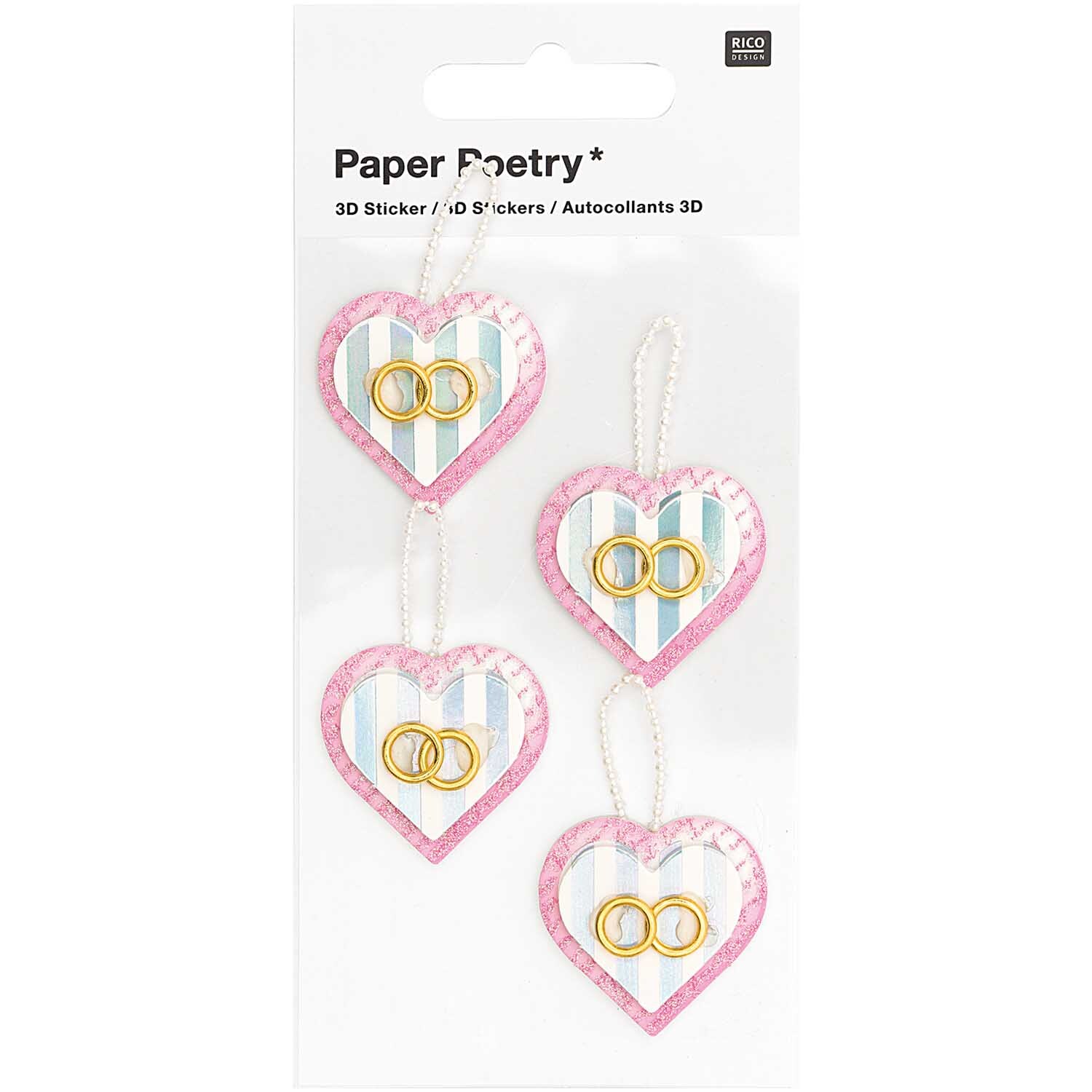 Paper Poetry 3D-Sticker Herzen mit Ringen, 4 Stück, zeigen bunte Herzsticker mit goldenen Ringen.