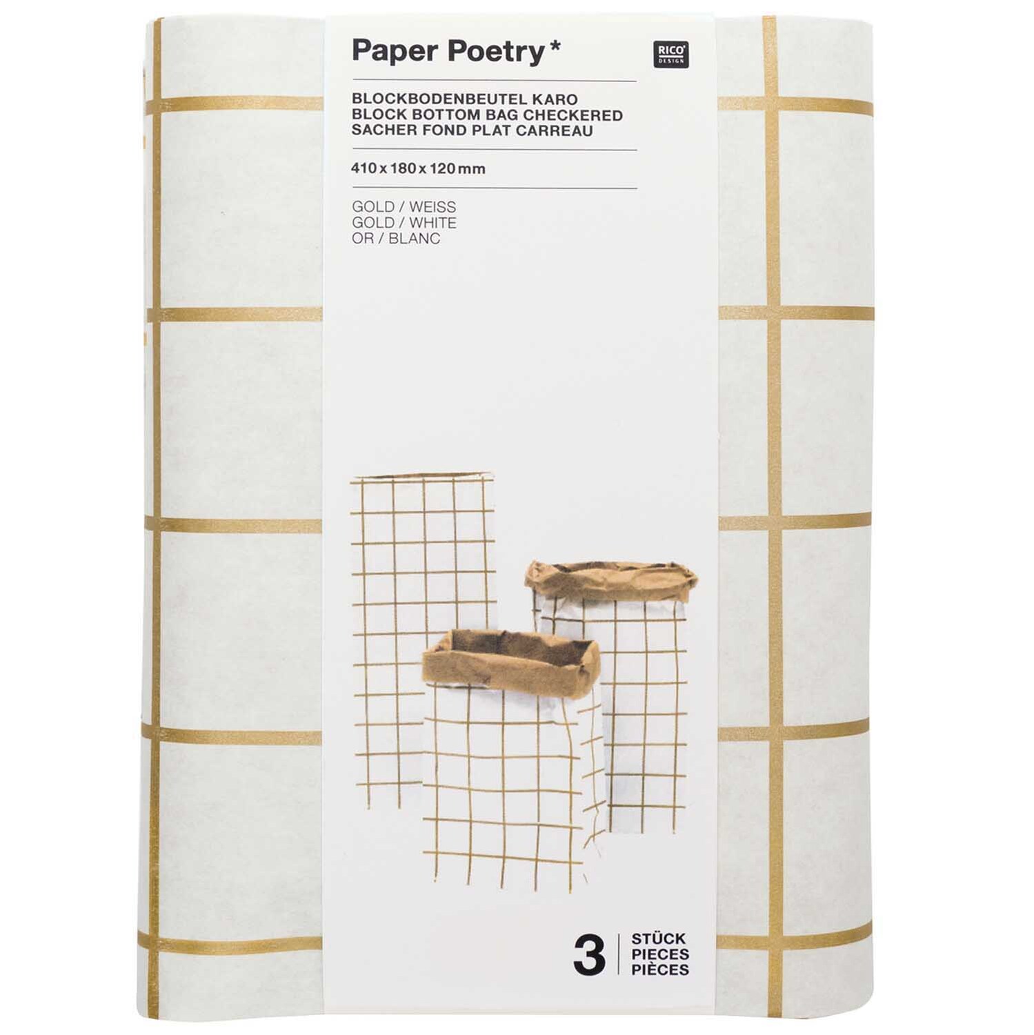 Paper Poetry Maxi-Blockbodenbeutel S Karo 41x18x12cm 3 Stück Farbe Weiß-Braun-Gold von Rico Design
