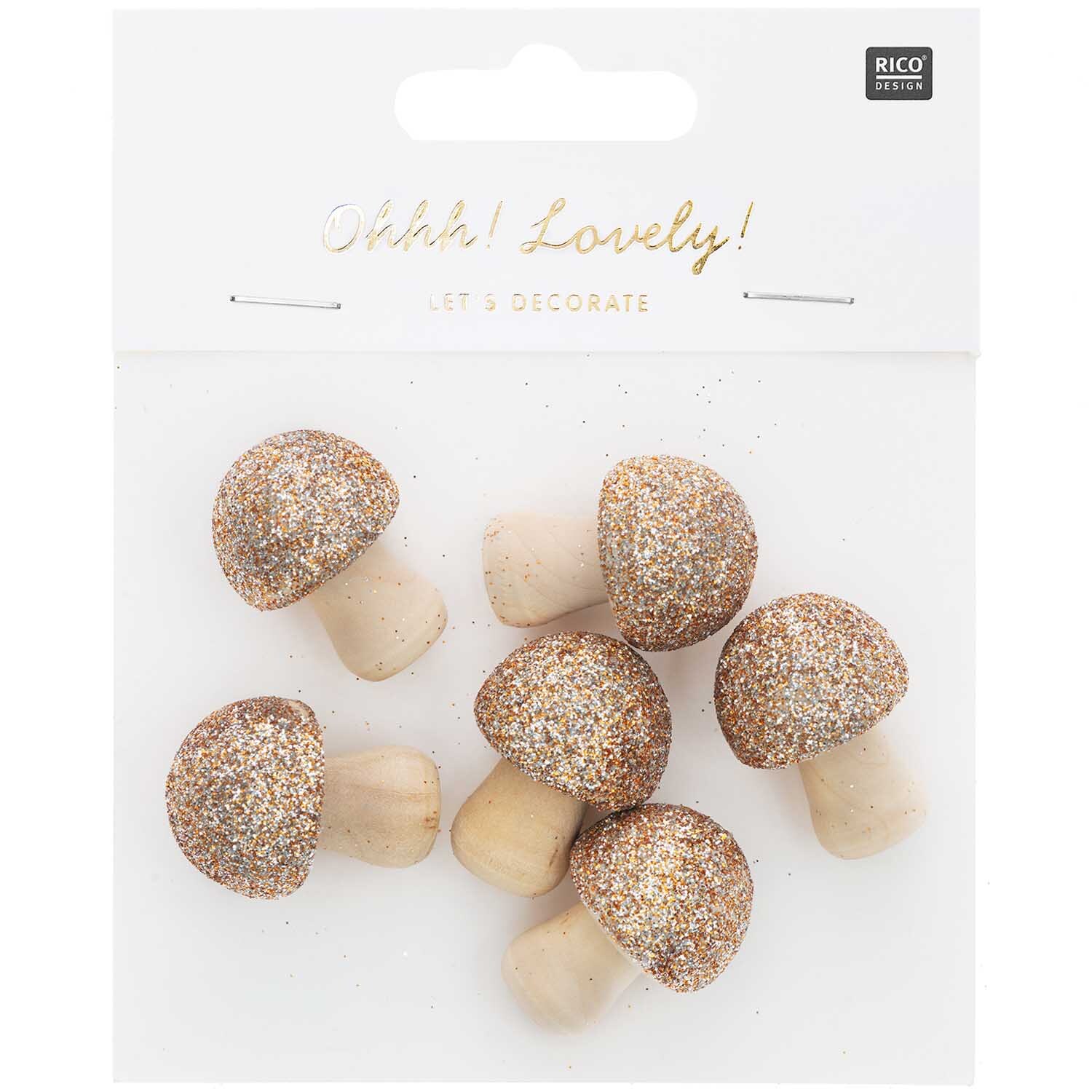3D-Holzstreu Pilz mit Glitter gold 30x23mm 6 Stück von Rico Design