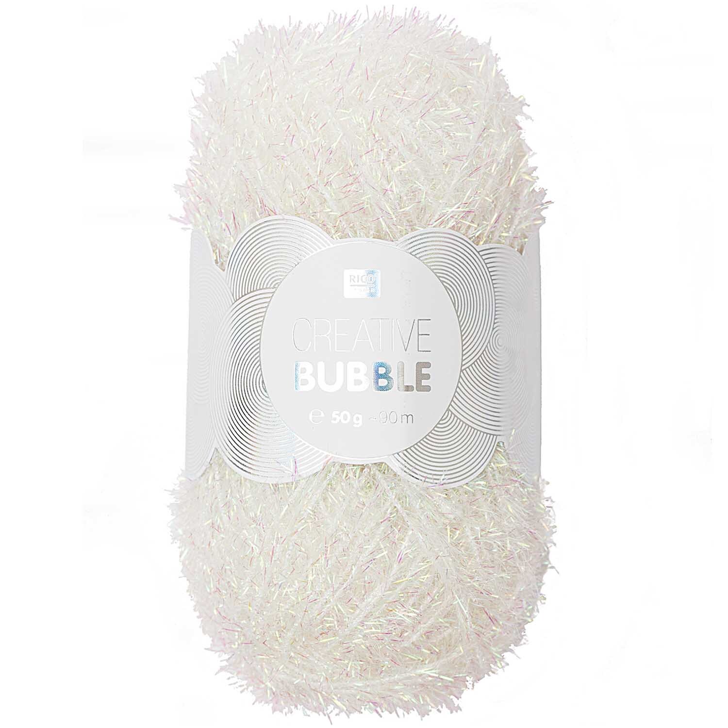 Creative Bubble von Rico Design in Weiß Irisierend, 50g 90m, zeigt ein flauschiges Garnknäuel.